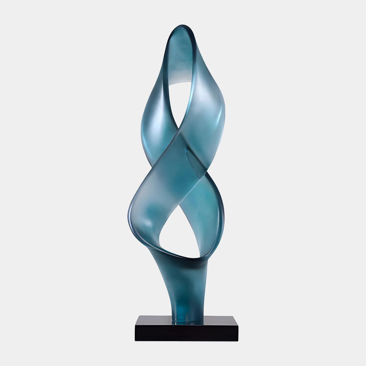 Blue & Green Looped Band Resin Sculpture - 125cm, figure-eight teal resin form crossing at center on a black marble base, set against a plain white background.