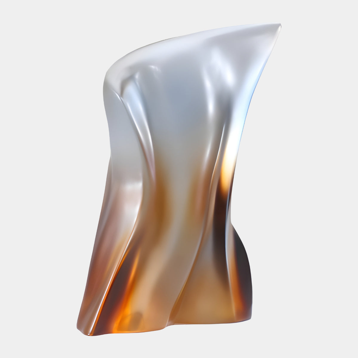 Amber & Grey Hooded Form Resin Sculpture - 30cm, a twisting hooded shape with amber base fading to pale grey at the crown, flat-cut foot, shown on a plain white background.