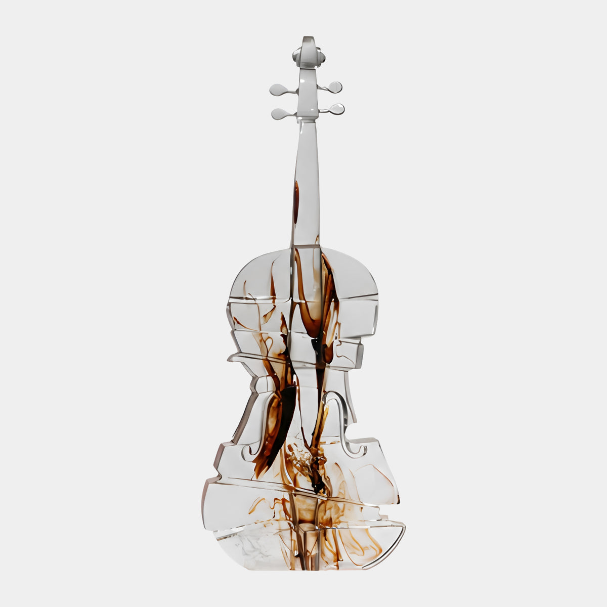 Clear Violin Resin Sculpture - 85cm, a full-size transparent violin form with brown ink swirls through the body, standing on its flat-cut tail against a plain white background.