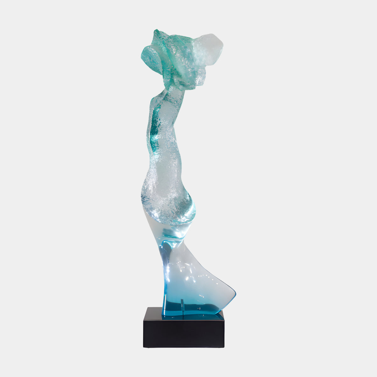 Blue & Green Breaking Wave Resin Sculpture, 120cm, clear blue base rising to frosted teal crest leaning forward on a black block base, plain white background.