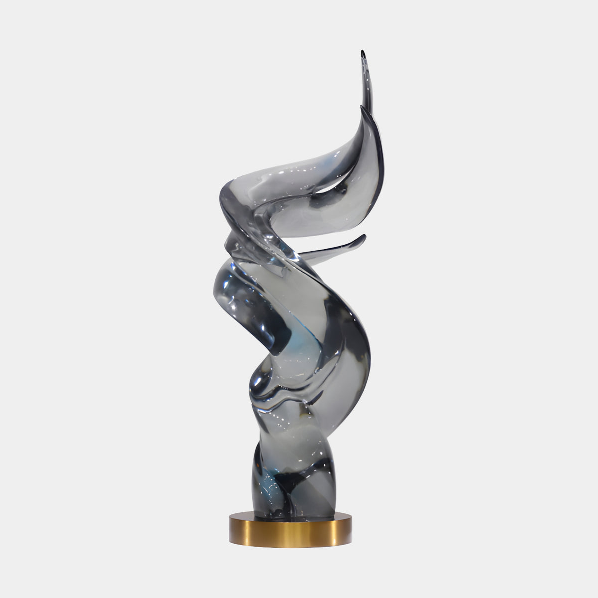 Grey Smoked Drapery Resin Sculpture, 81cm, twisting form with pale blue vein and smoke depth, set on a round brushed metal disc base, plain light grey background.