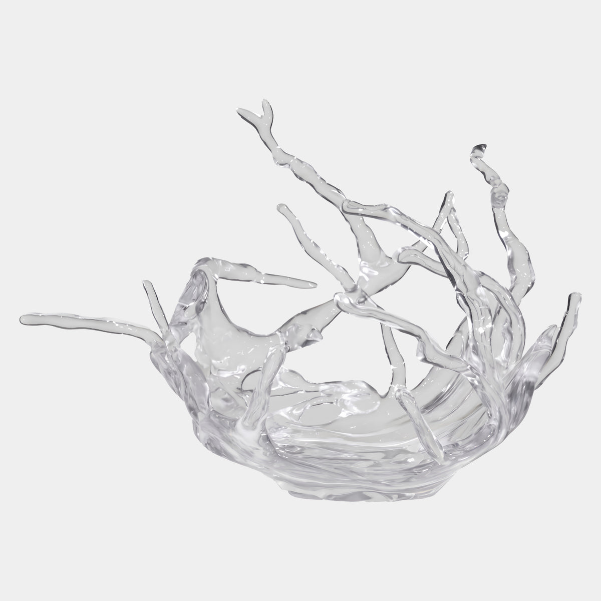 Colourless Water Splash Crown Resin Sculpture (84cm) by Giant Sculptures, clear jets rising from a shallow bowl base, shown on a plain white background.