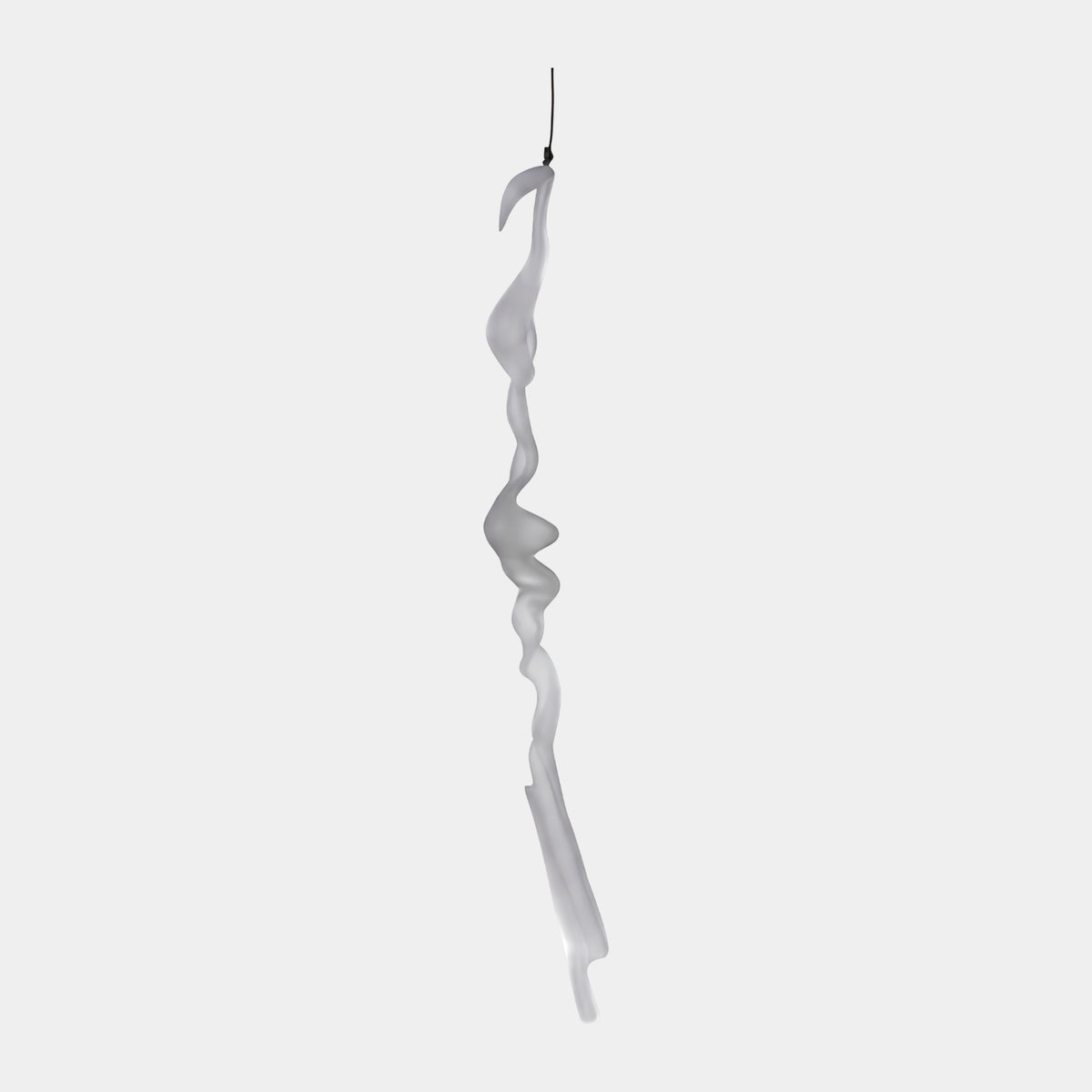 Frosted White Hanging Ribbon Resin Sculpture - 210cm, a twisting, rippling ribbon suspended from a thin cord against a plain light grey background.