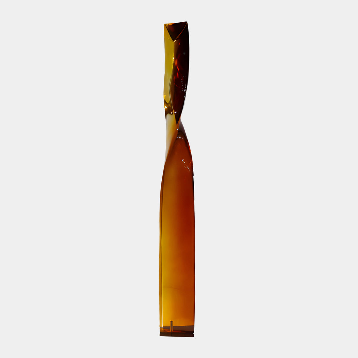Amber Twisted Column Resin Sculpture - 154cm, a tall twisting blade form deepening from amber to dark at the crown, set on a thin dark steel plate against a plain white background.