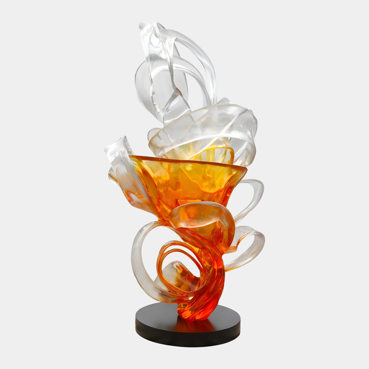 Red & Amber Ribbon Resin Sculpture - 230cm, swirling resin ribbons transitioning from red and amber at the base to clear at the top, on a round black base, plain white background.