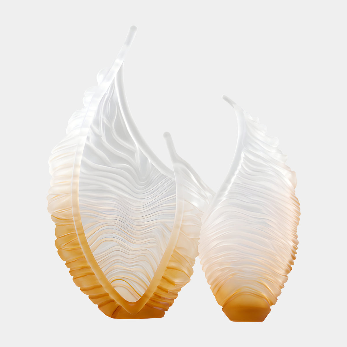 Frosted Striated Leaf Resin Sculpture, 59/78cm, two curved blade-like leaf forms with wavy striated texture, honey base fading to white tips, on a plain white background.