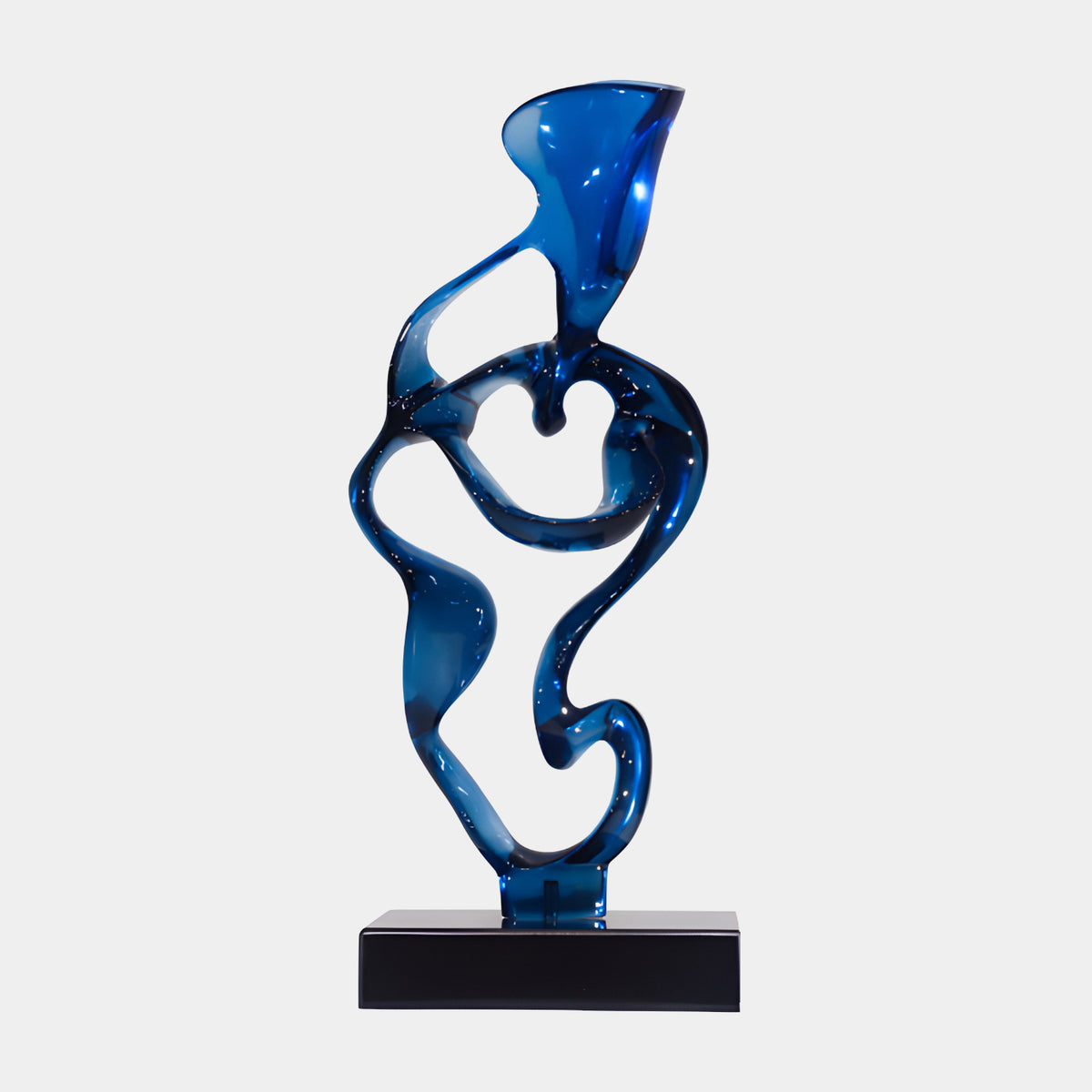 Blue Openwork Loop Resin Sculpture - 50cm by Giant Sculptures, an abstract blue looping form on a black marble base, shown against a plain light background.