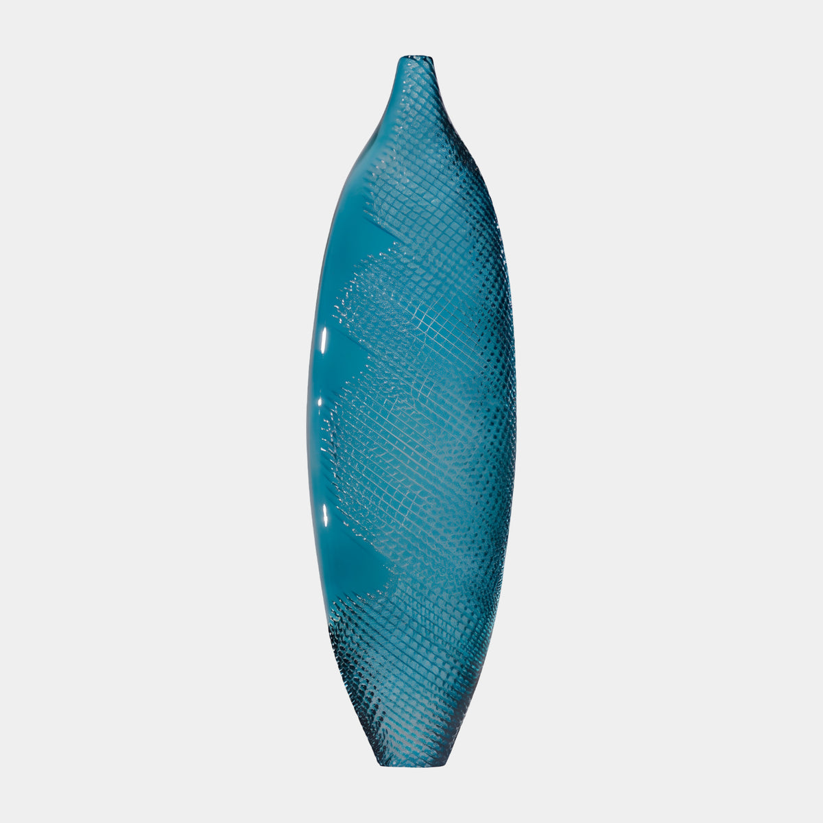 Green Worked Pod Resin Sculpture - 75cm, elongated teal pod with smooth and finely textured faces, tapered flat base, on a plain white background.