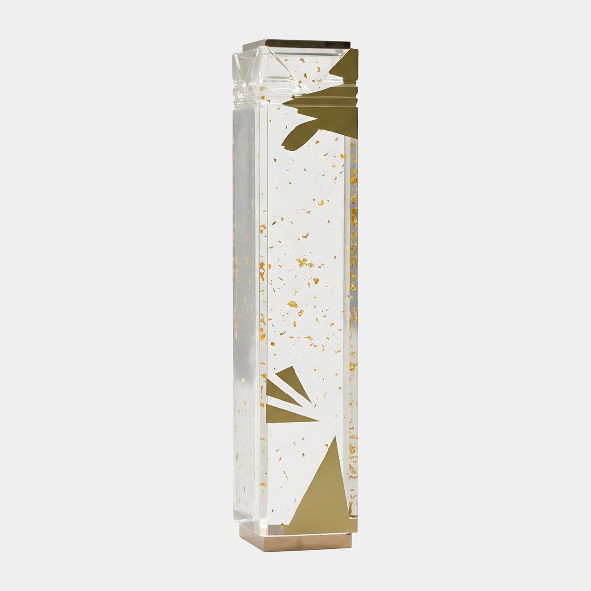 Clear Gold-Flecked Column Resin Sculpture (132cm) by Giant Sculptures, a tall rectangular resin column with gold leaf shards and flecks on a steel base, shown against a plain light background.