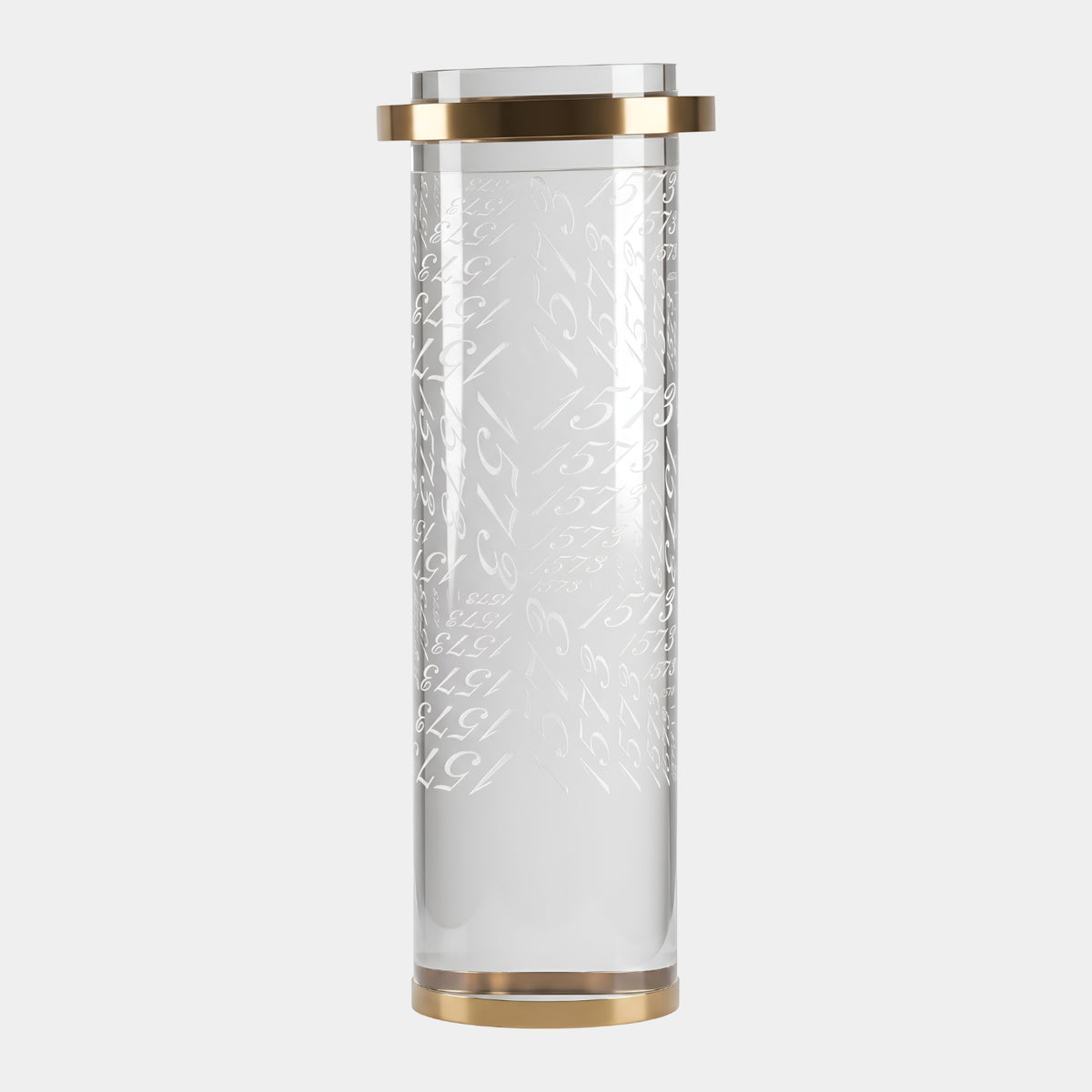 Clear Etched Lit Cylinder Resin Sculpture - 141cm, a tall acrylic cylinder with white etched number motifs and gold-rimmed top and base, shown on a plain white background.