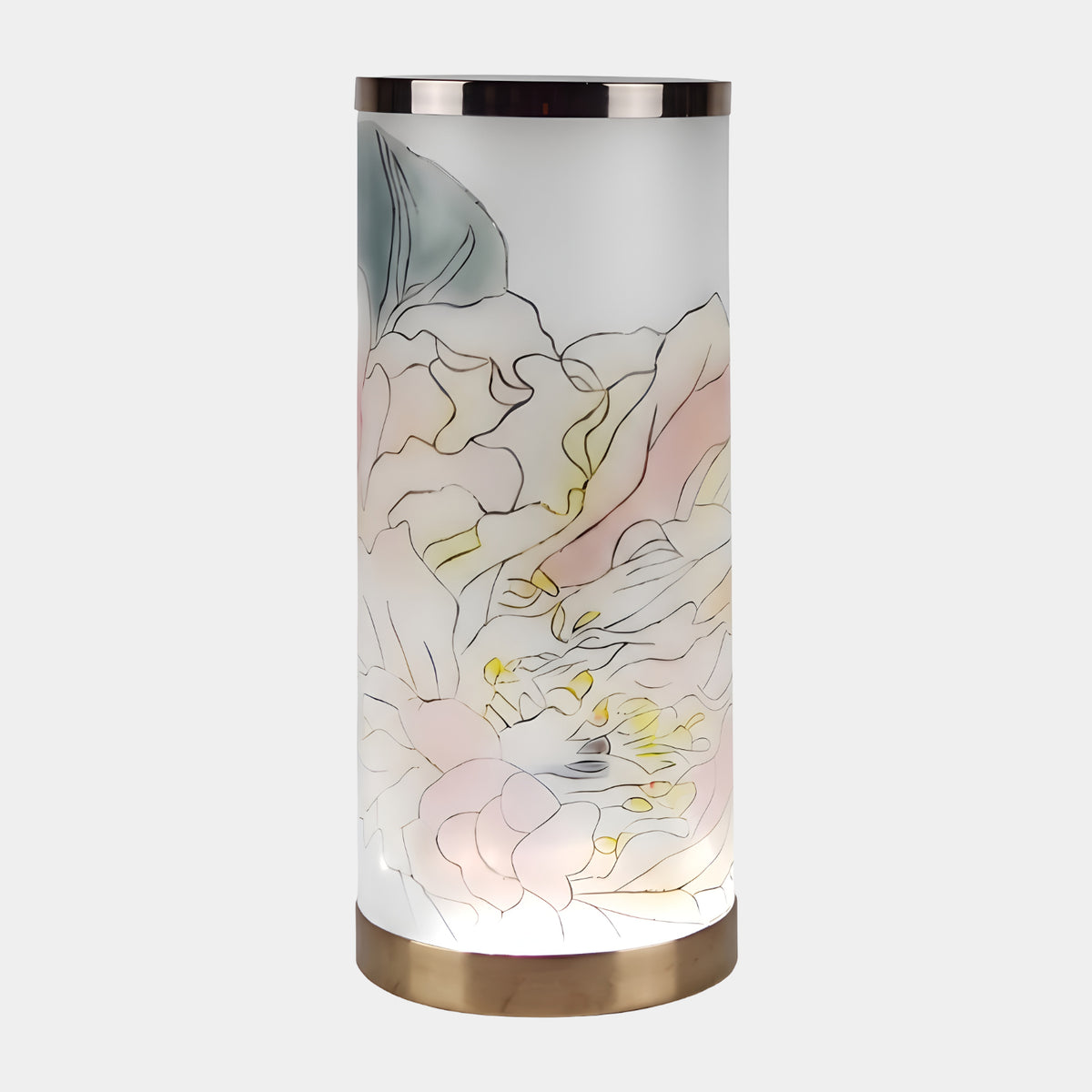 Frosted Flower Drawing Lit Acrylic Cylinder Sculpture, 58cm, with a pink, yellow and grey-green floral line drawing and rose-gold rims, on a plain white background.