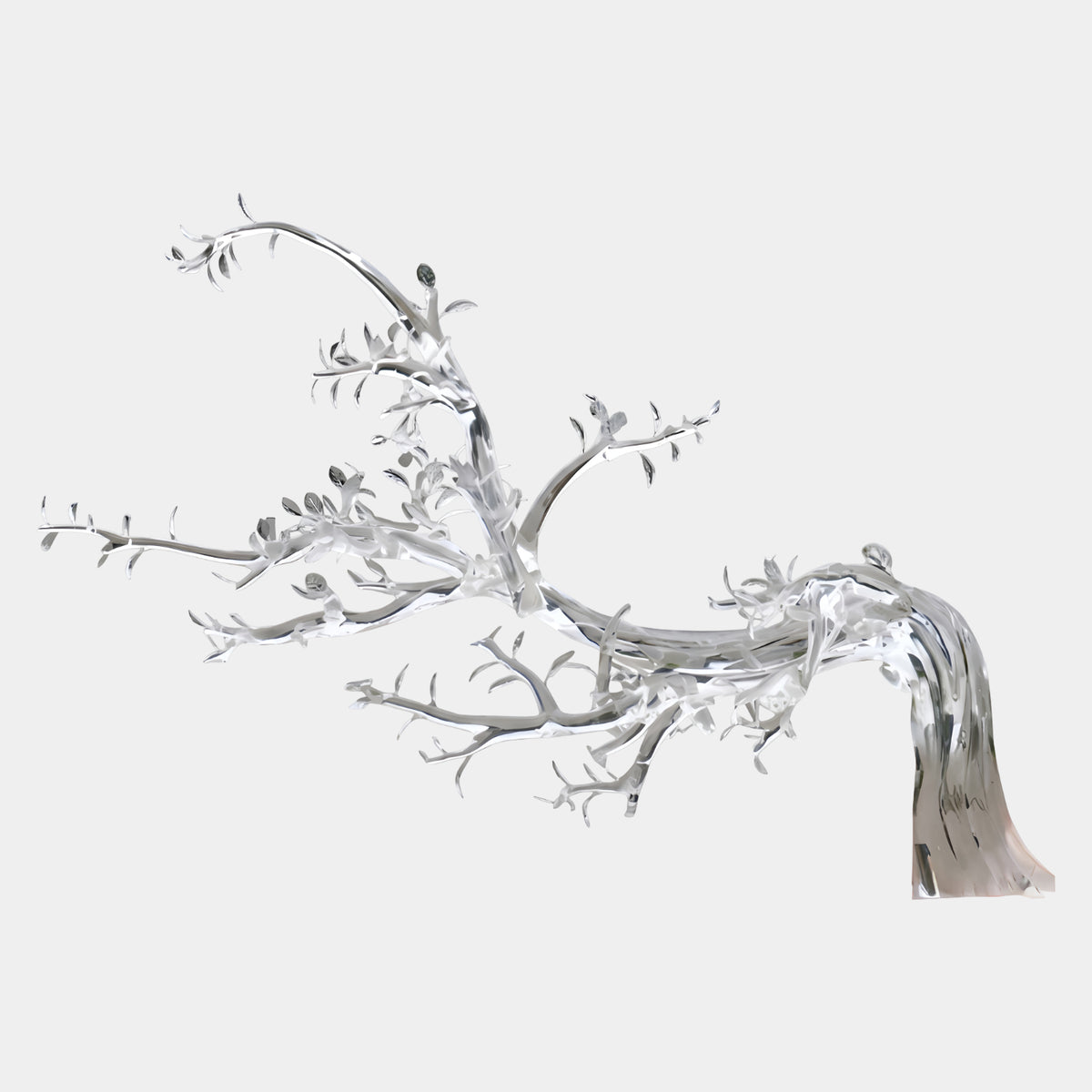 Clear Wide Branching Resin Sculpture - 172cm by Giant Sculptures, a mirrored branch-like form with leafed arms rising from a single foot, shown on a plain white background.