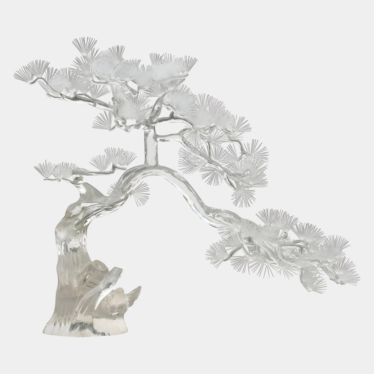 Clear Pine Tree Resin Sculpture (270cm) by Giant Sculptures, with horizontal branches of fine individual needle clusters, set on a cut root base, shown against a plain white background.