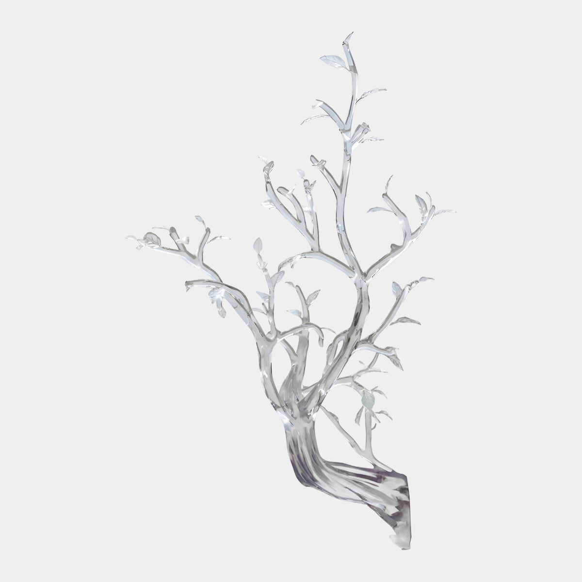 Clear Leafed Branching Tree Resin Sculpture, 135cm, with a root-foot base and leaf-detailed branches rising upward, shown against a plain white background.