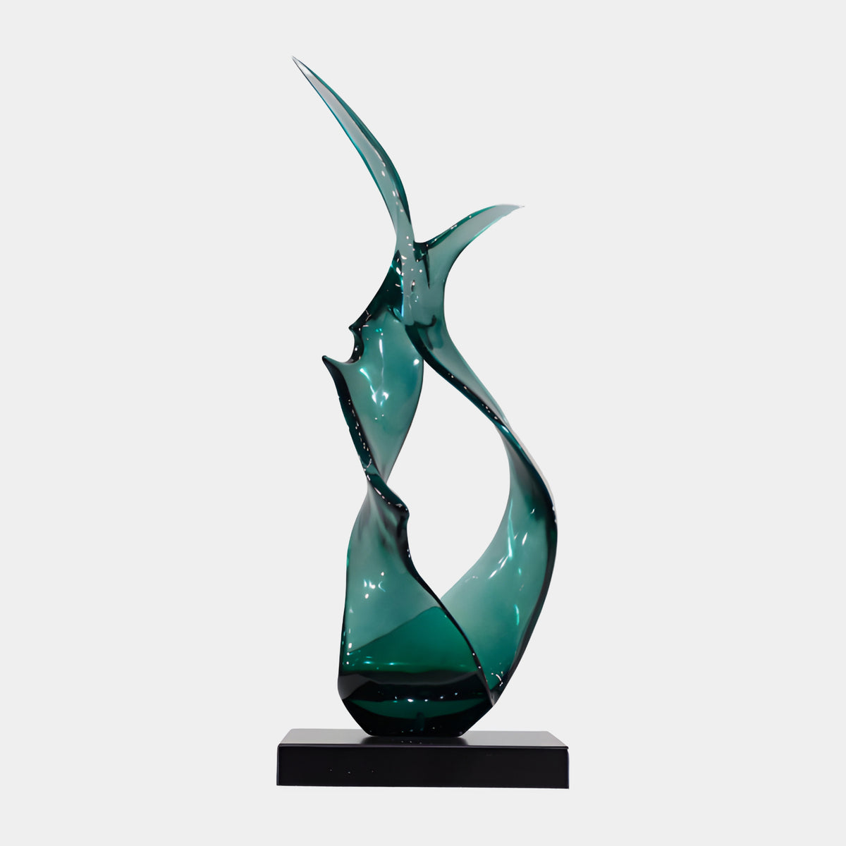 Green Twin Flame Resin Sculpture - 80cm, a teal twisting form rising into two points on a black marble base, set against a plain light background.