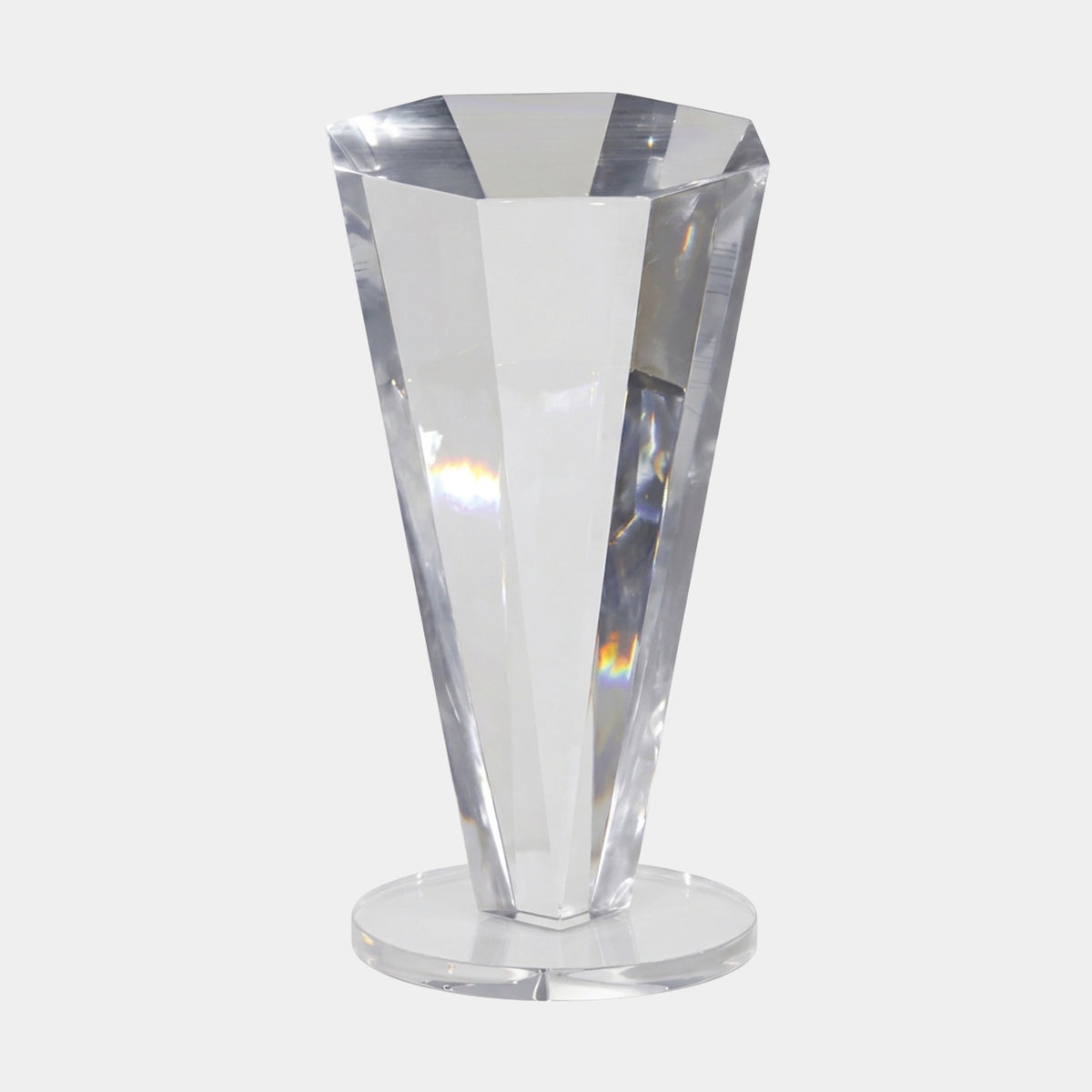 Clear Eight-Faced Prism Resin Sculpture - 68cm with tapering faceted form on a round base, shown against a plain white background.