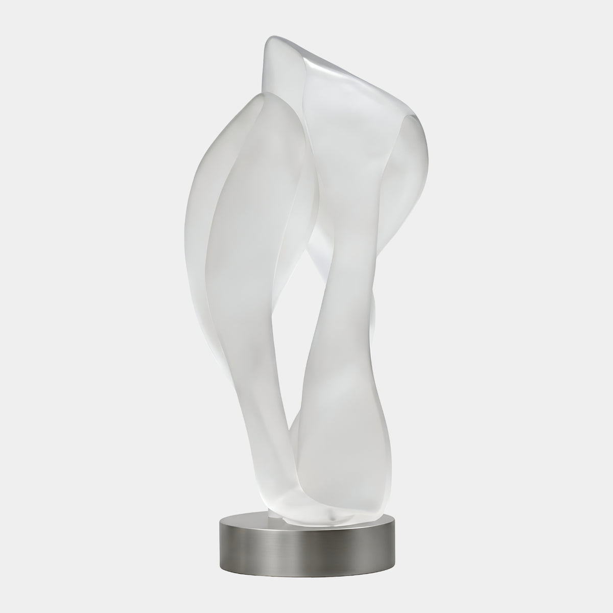 White Frosted Folded Sheet Resin Sculpture, 169cm, on a brushed steel disc base, shown against a plain light grey studio background.