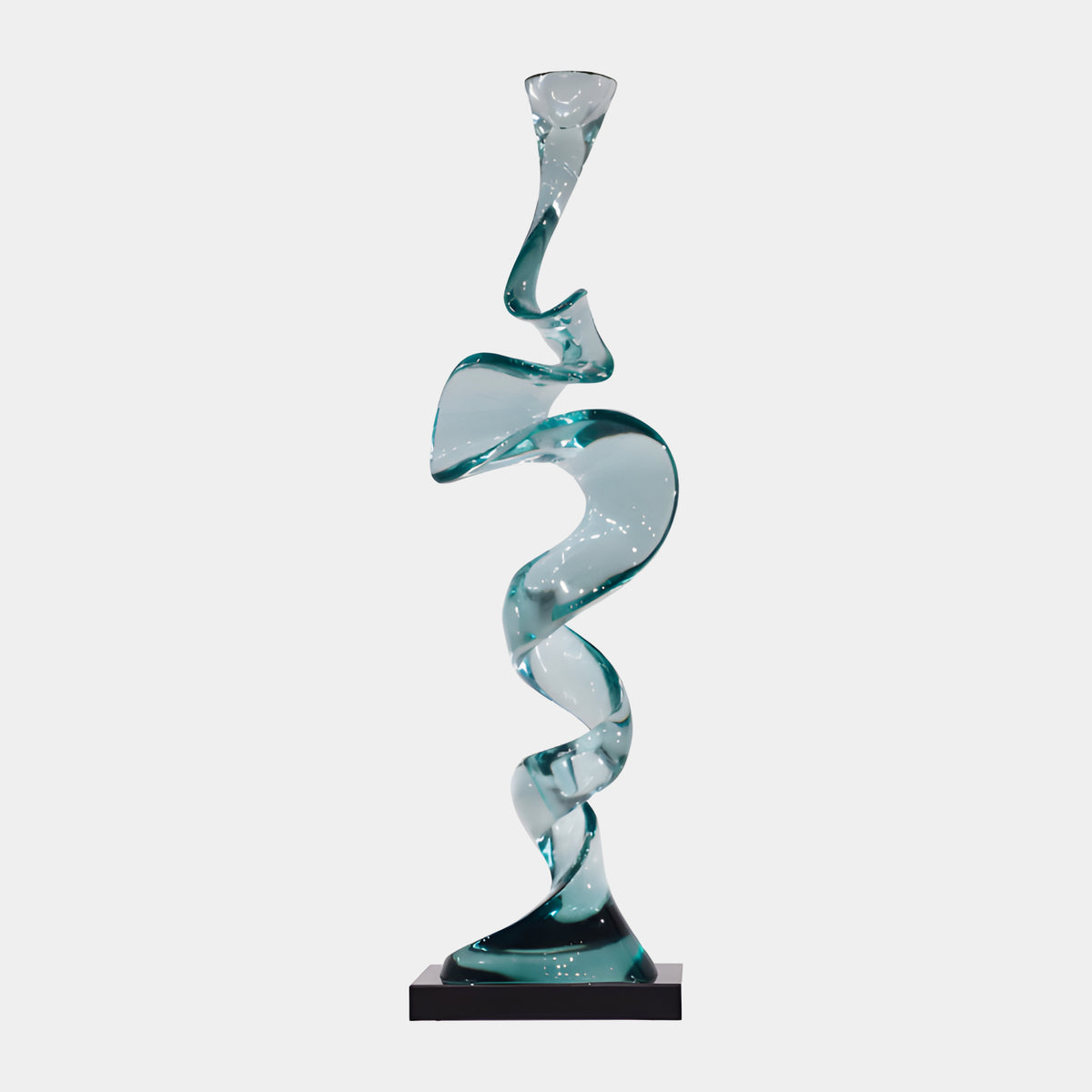 Teal Spiral Ribbon Resin Sculpture, 141cm, twisting ribbon form flaring into a trumpet shape at the top, set on a black base, shown against a plain light grey background.