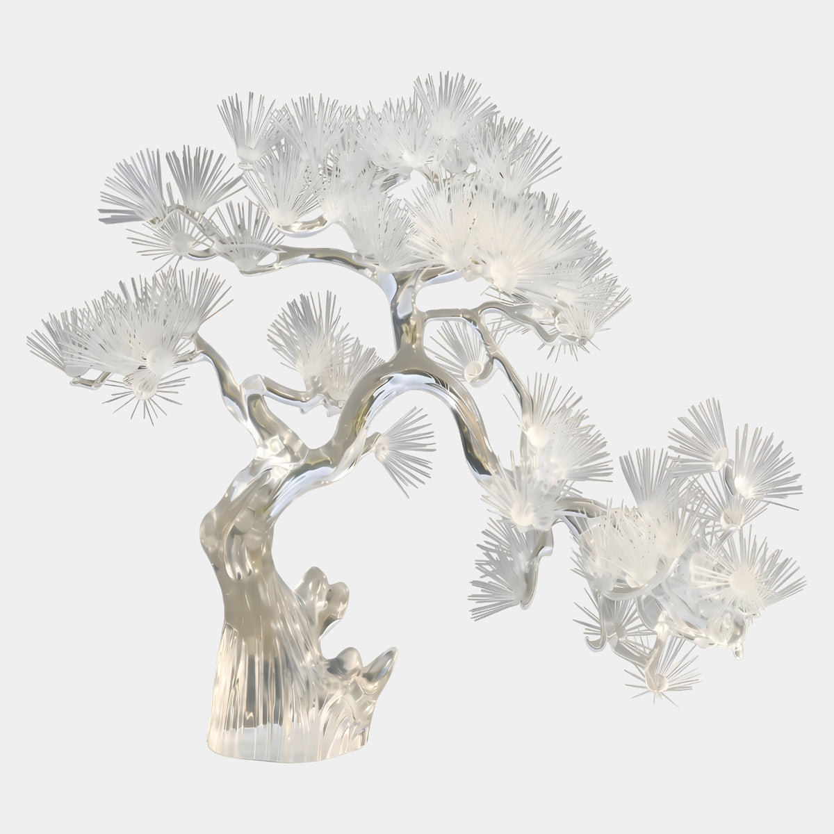 Clear Needled Pine Resin Sculpture - 125cm by Giant Sculptures, a bonsai-style tree with layered needle clusters on a ridged root base, shown on a plain white background.