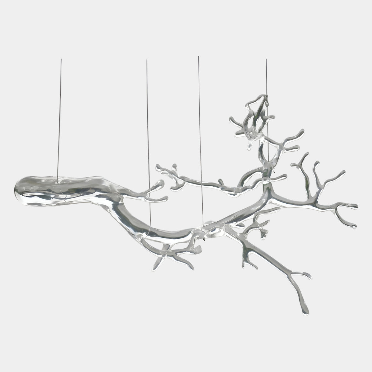 Clear Bare Branch Hanging Resin Sculpture (142cm) with a smooth rounded limb forking into lacy twigs, glassy clear finish, suspended on wires against a plain white background.
