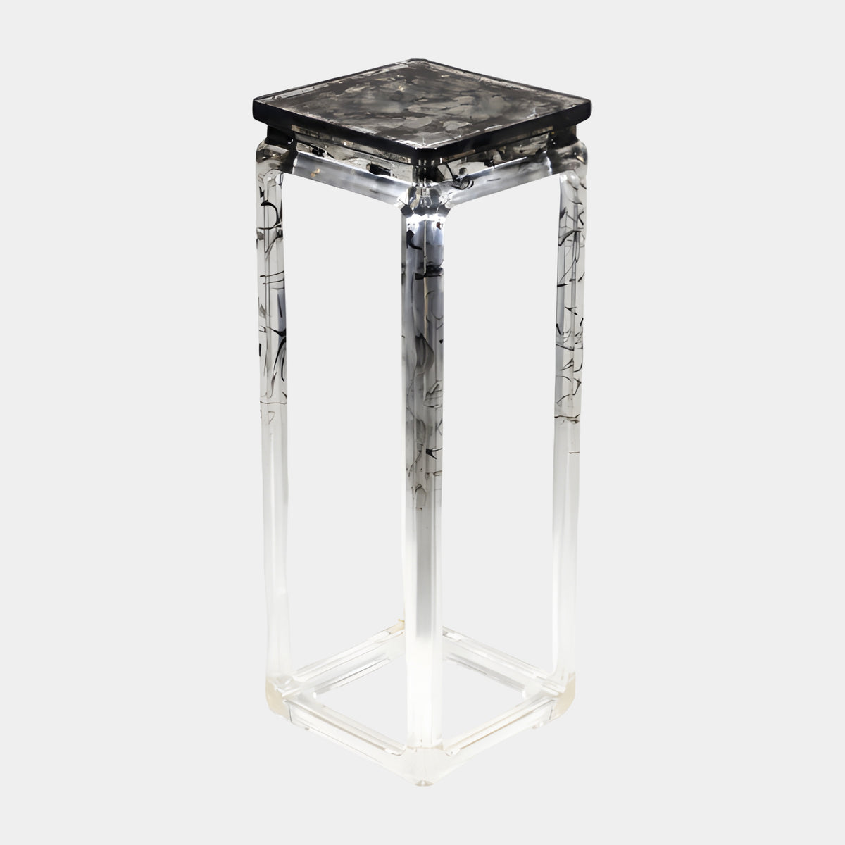 Black Swirl Clear Cast Resin Square Plinth, 110cm, with four clear legs holding black swirl patterns, a mottled dark top, and a floor-level stretcher frame, shown on a plain white background.