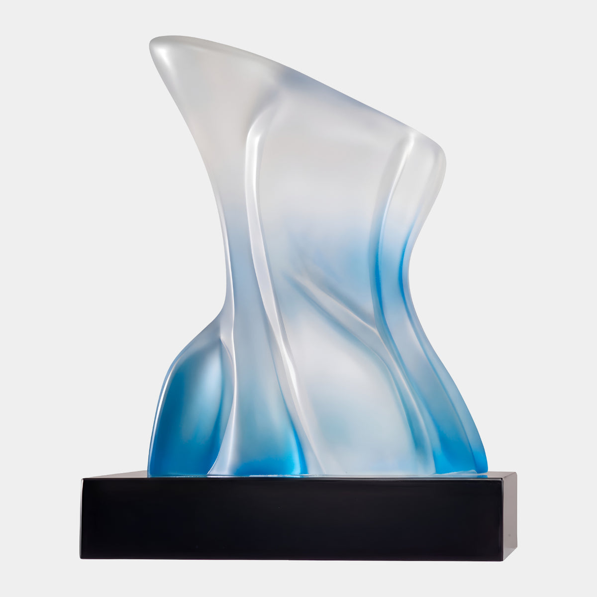 Blue & White Furled Form Resin Sculpture, 65cm, frosted resin with blue-to-white gradient on a black marble base, plain white background.