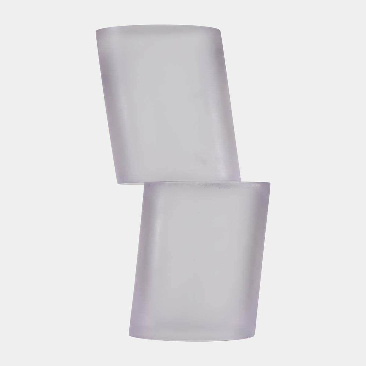 White Stacked Cylinder Resin Sculpture - 55cm, two frosted white cylinders with the upper one offset, overhanging the base, shown on a plain white background.