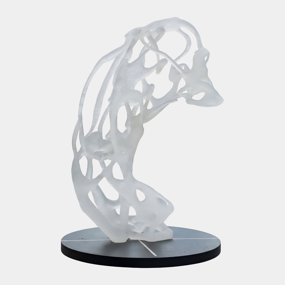 White Frosted Openwork Resin Sculpture, 240cm, branching arched form on a round black base, studio shot on plain white background.