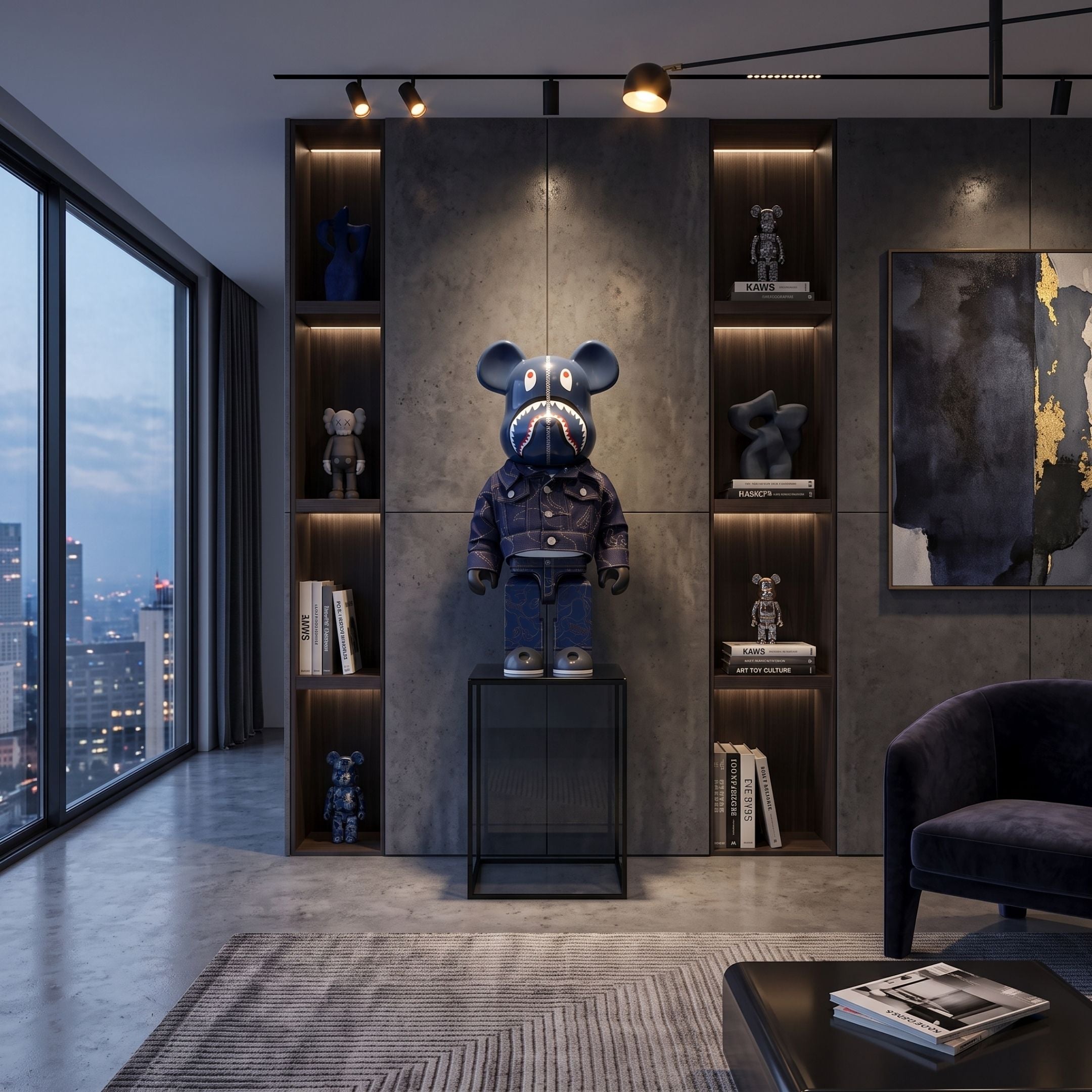 Zipper Jaw Bear Sculpture - 70cm displayed on a glass stand in a living room, blue shark-face bear in a sculpted denim jacket and pants against a dark shelved wall.