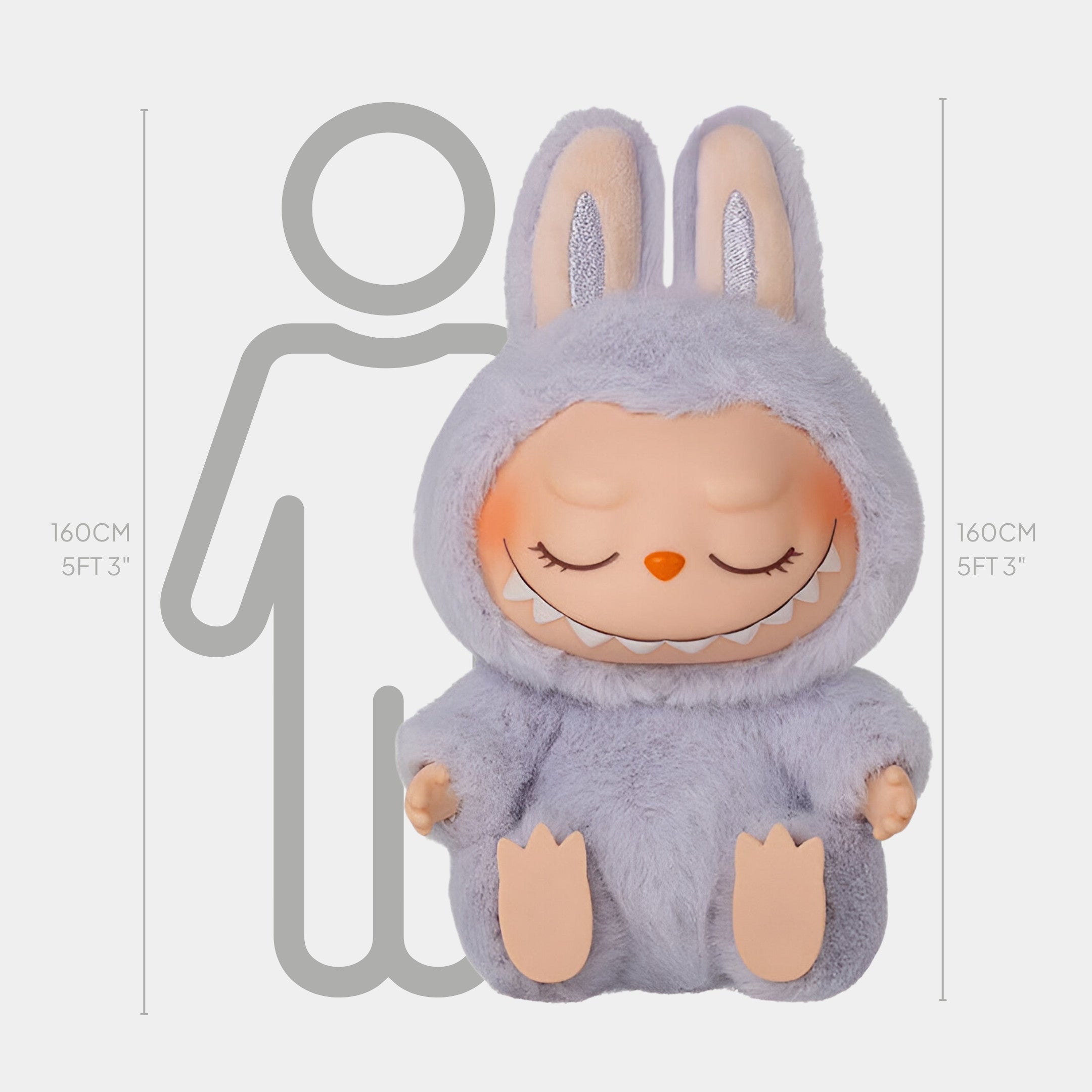 The Fluffy Monsters Sleepy Lavender Labubu Sculpture by Giant Sculptures is a whimsical 160cm plush doll in a light purple bunny costume, featuring closed eyes and a toothy grin.
