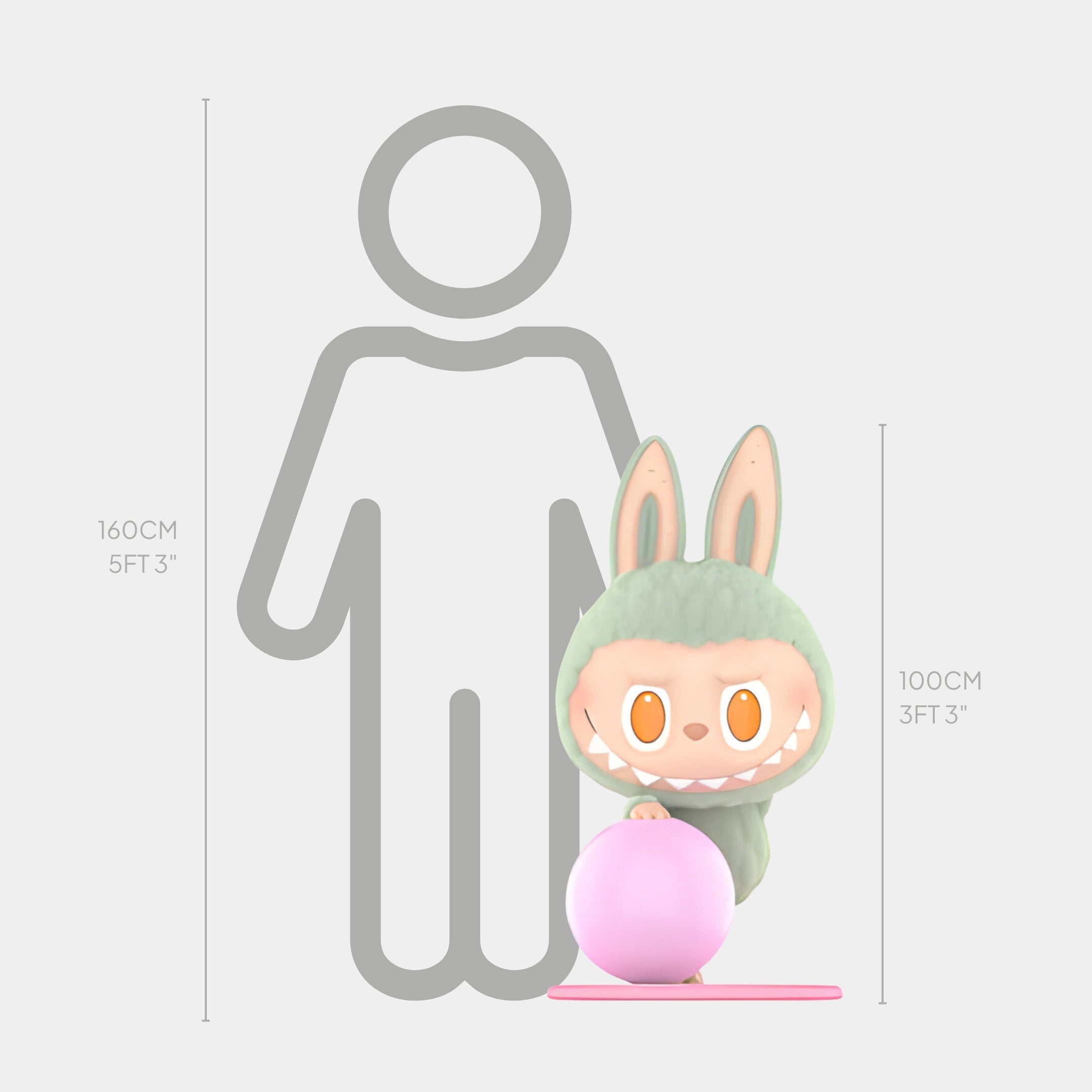 The Lazy Yoga Zone Out Labubu Sculpture by Giant Sculptures is a 100cm fibreglass figure in a bunny costume, posed by a pink ball and outlined against a 160cm human figure for scale, inspired by contemporary art.