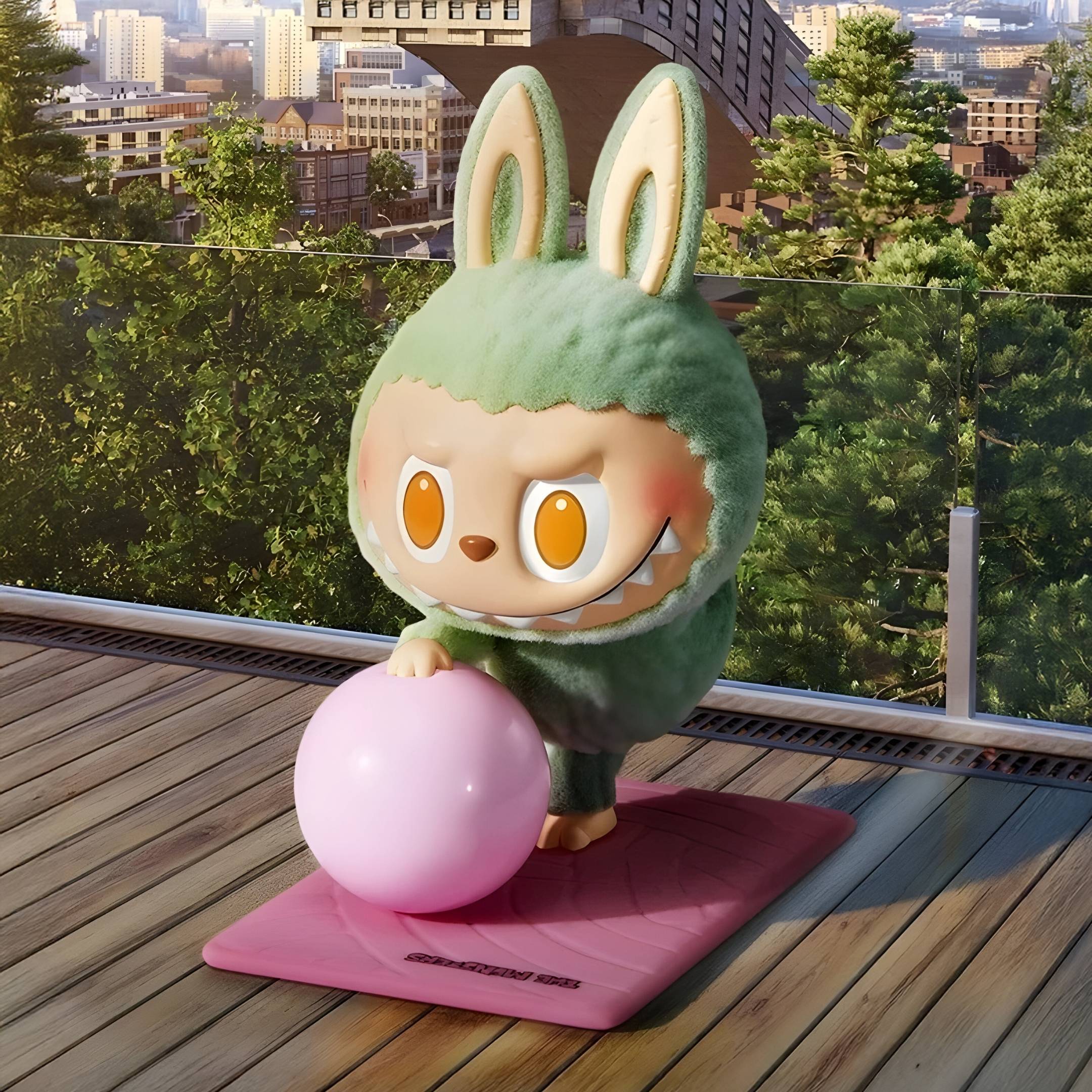 A cute character in a green bunny suit stands on a pink mat outdoors, holding a large pink ball—just like the 160cm Lazy Yoga Zone Out Labubu Sculpture by Giant Sculptures—set against trees and city buildings.