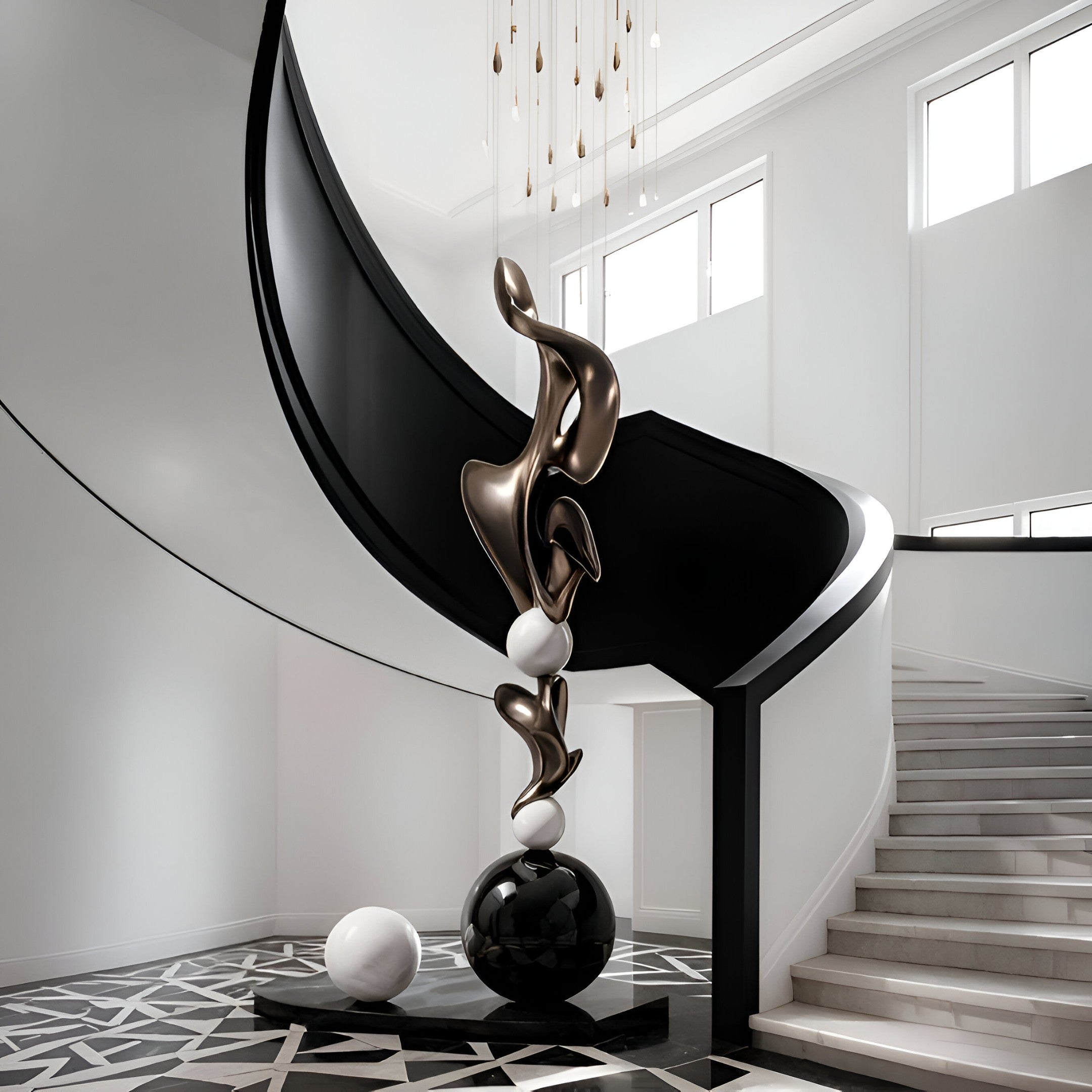 A modern curved staircase with black railing encircles the Giant Sculptures Balance Bronze Abstract Steel Sculpture (180cm), a piece of twisting forms and spheres, set on a geometric floor in a bright, white-walled room with large windows.