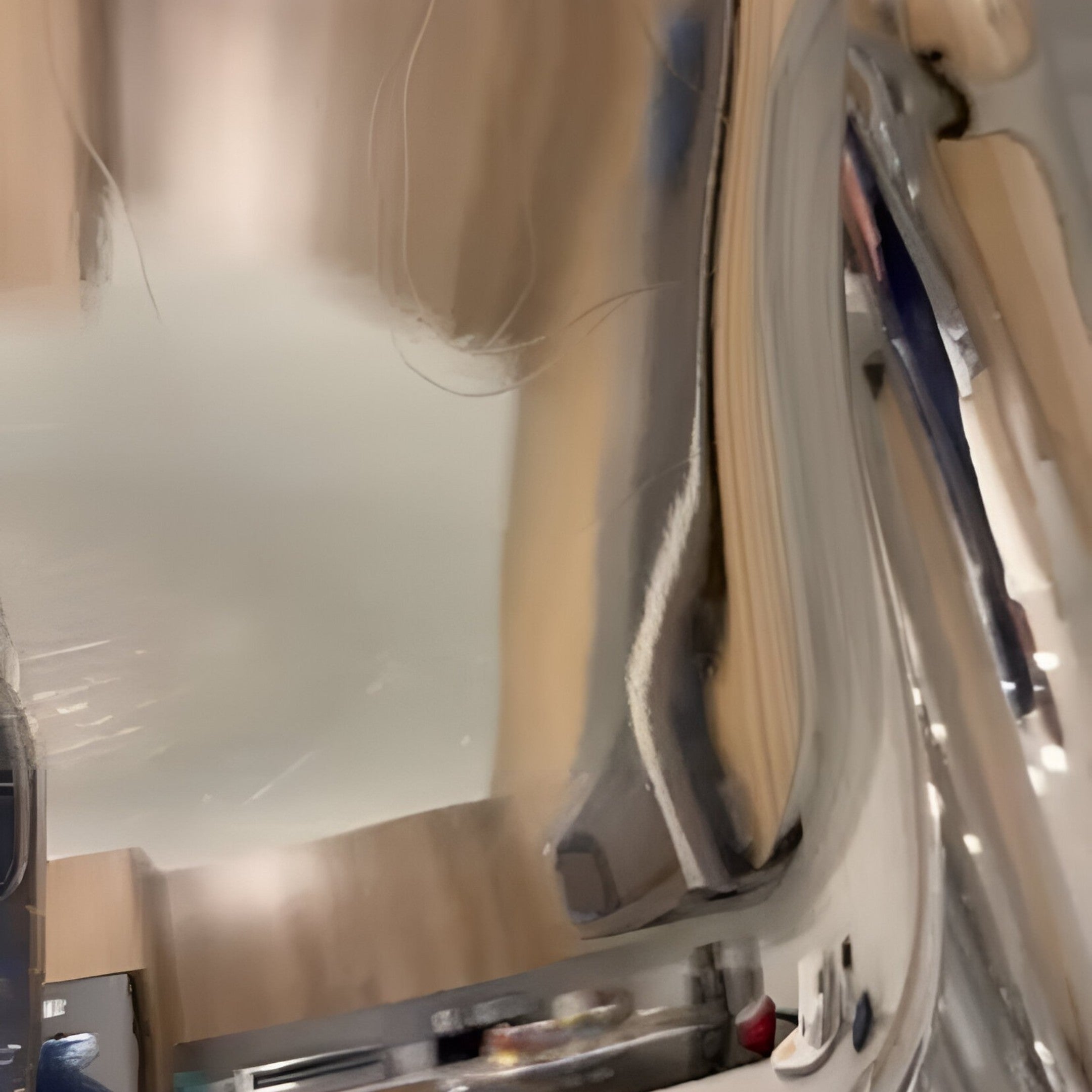 A distorted kitchen scene with wooden cabinets and appliances is reflected in the Neon Kiss Chrome Bear Sculpture - 70cm (Ex Display) by Giant Sculptures, creating a wavy, blurry effect.