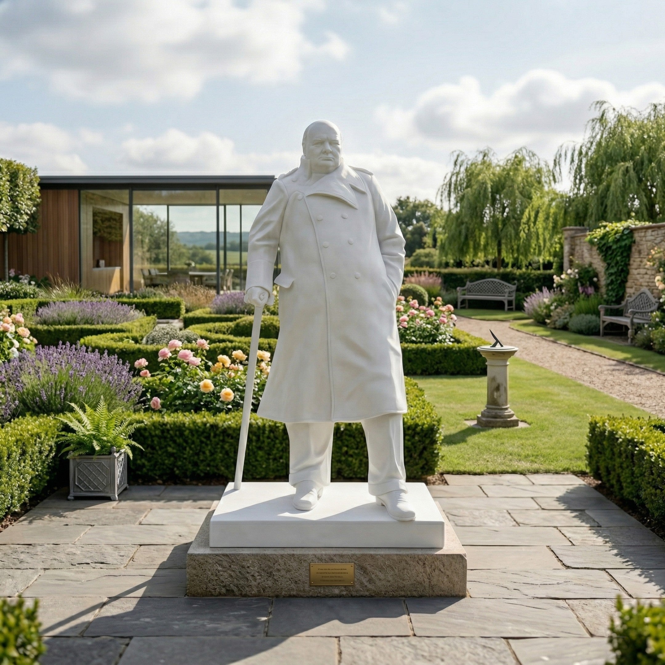 The Winston Churchill Marble Outdoor Sculpture - 195cm by Giant Sculptures depicts Churchill in a long coat with a cane, positioned in a landscaped garden with hedges, flowers, benches, and a sundial before a modern glass building.