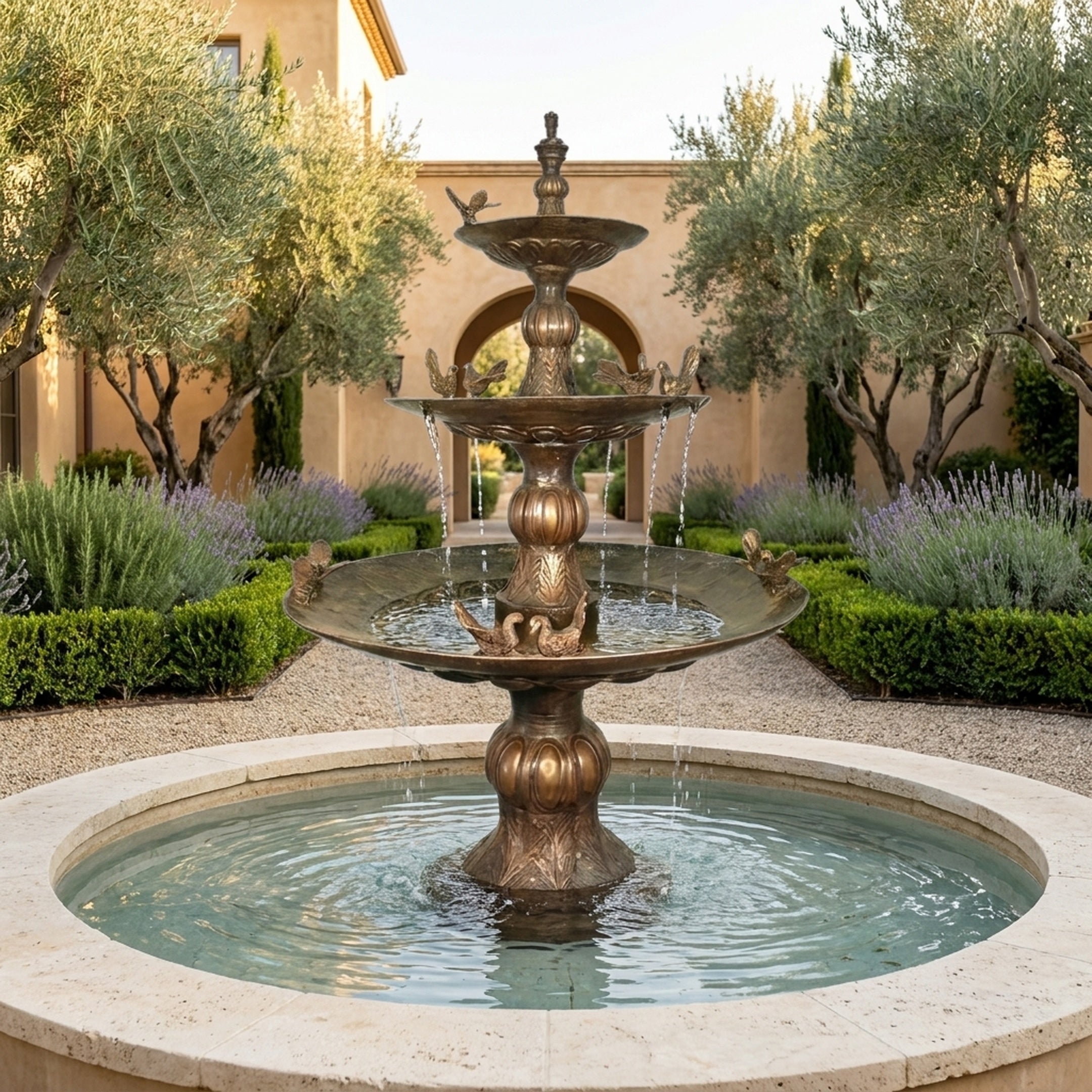 Three-tier Classical Bird Bath and Swan Fountain by Giant Sculptures in dark bronze patina, set in a circular stone pool within a Mediterranean courtyard with olive trees and lavender.