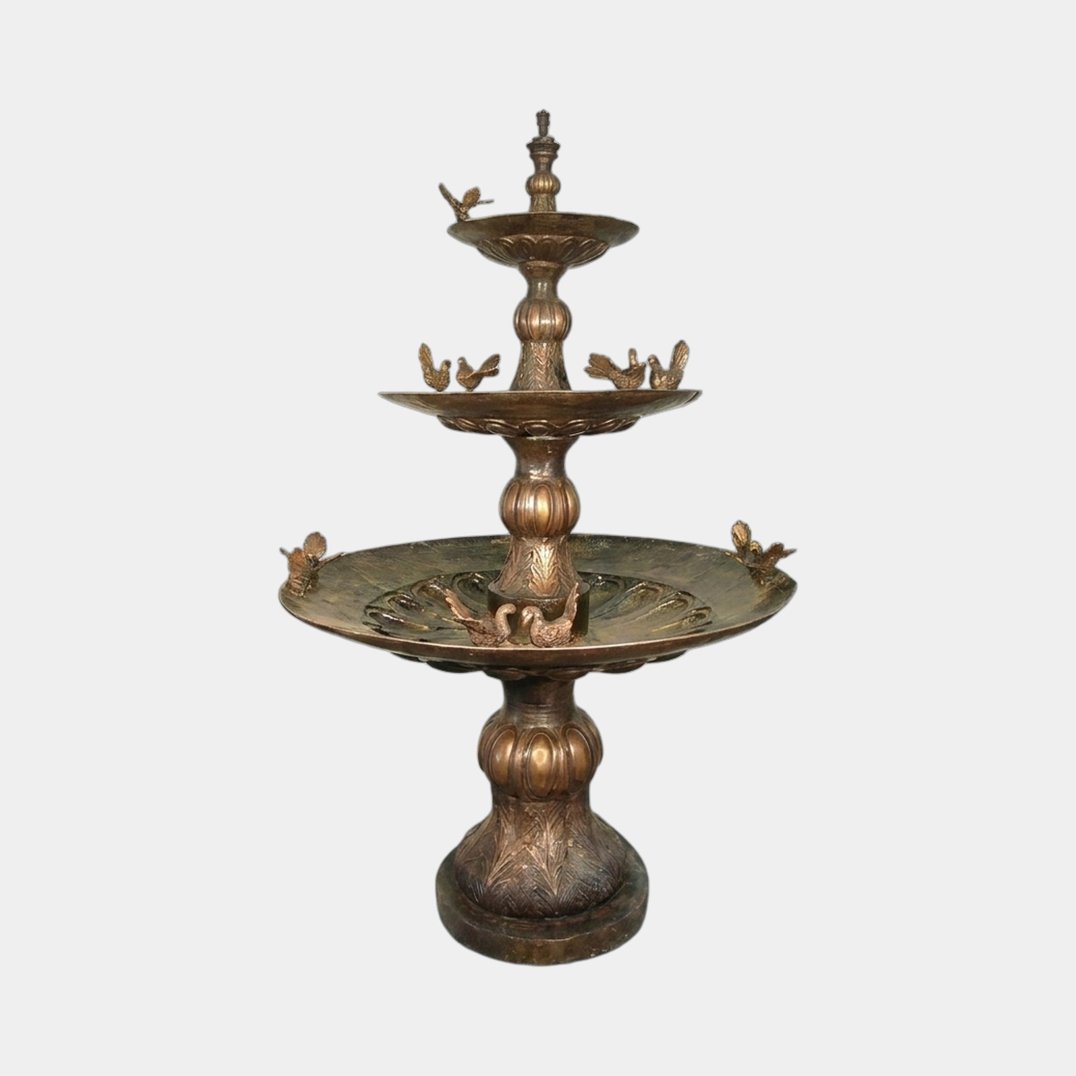 Three-tier Classical Bird Bath and Swan Fountain in cast bronze by Giant Sculptures, with perching birds, swan figures in the lower basin, and dark patina finish.