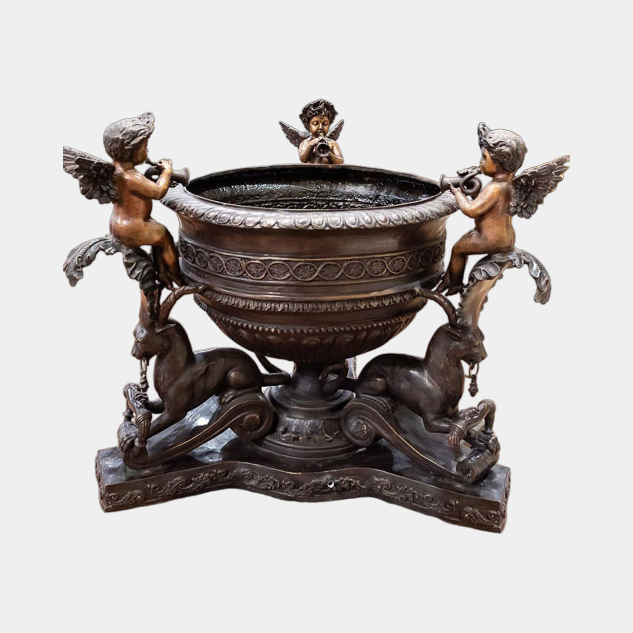 Giant Sculptures Classical Bronze Cherub Trumpet Urn Sculpture 150cm, three winged cherubs with trumpets at the rim above recumbent fauns on a scrolled base.