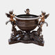 Giant Sculptures Classical Bronze Cherub Trumpet Urn Sculpture 150cm, three winged cherubs with trumpets at the rim above recumbent fauns on a scrolled base.
