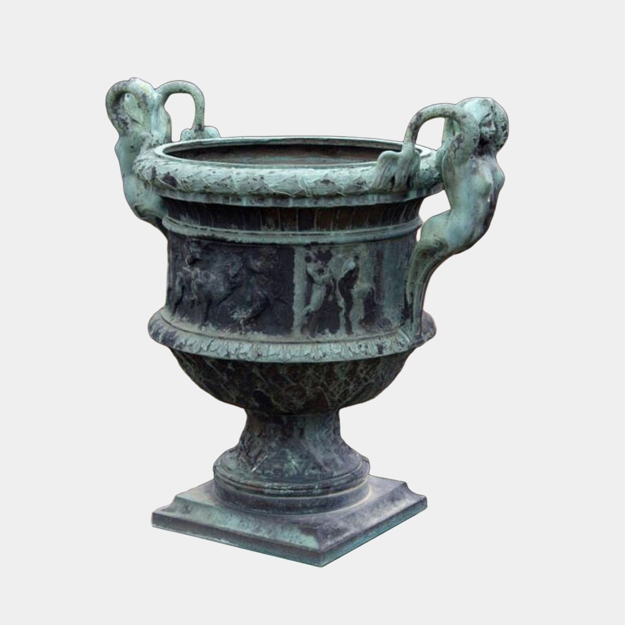 Classical Bronze Cherub Urn Planter Sculpture by Giant Sculptures, 130cm krater-form vessel with putti handles, bas-relief frieze, and verdigris patina on plinth.