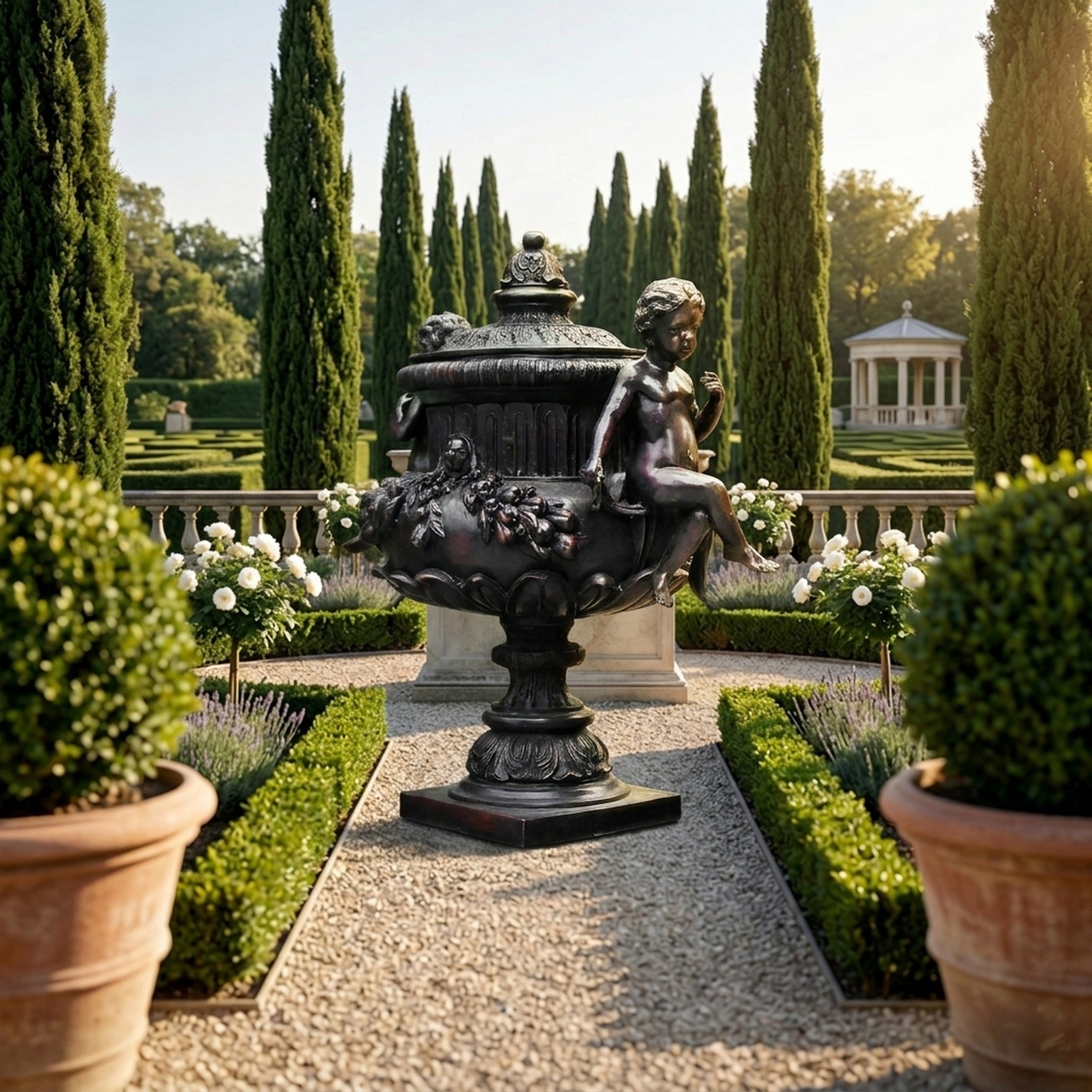 Classical Bronze Cherub Urn Sculpture by Giant Sculptures on a stone plinth in a formal garden with cypress trees, clipped hedging, white roses, and gravel paths.
