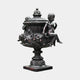 Classical Bronze Cherub Urn Sculpture by Giant Sculptures, 140cm, featuring a seated putto on a garland-decorated urn with domed lid, dark antique patina, plain background.