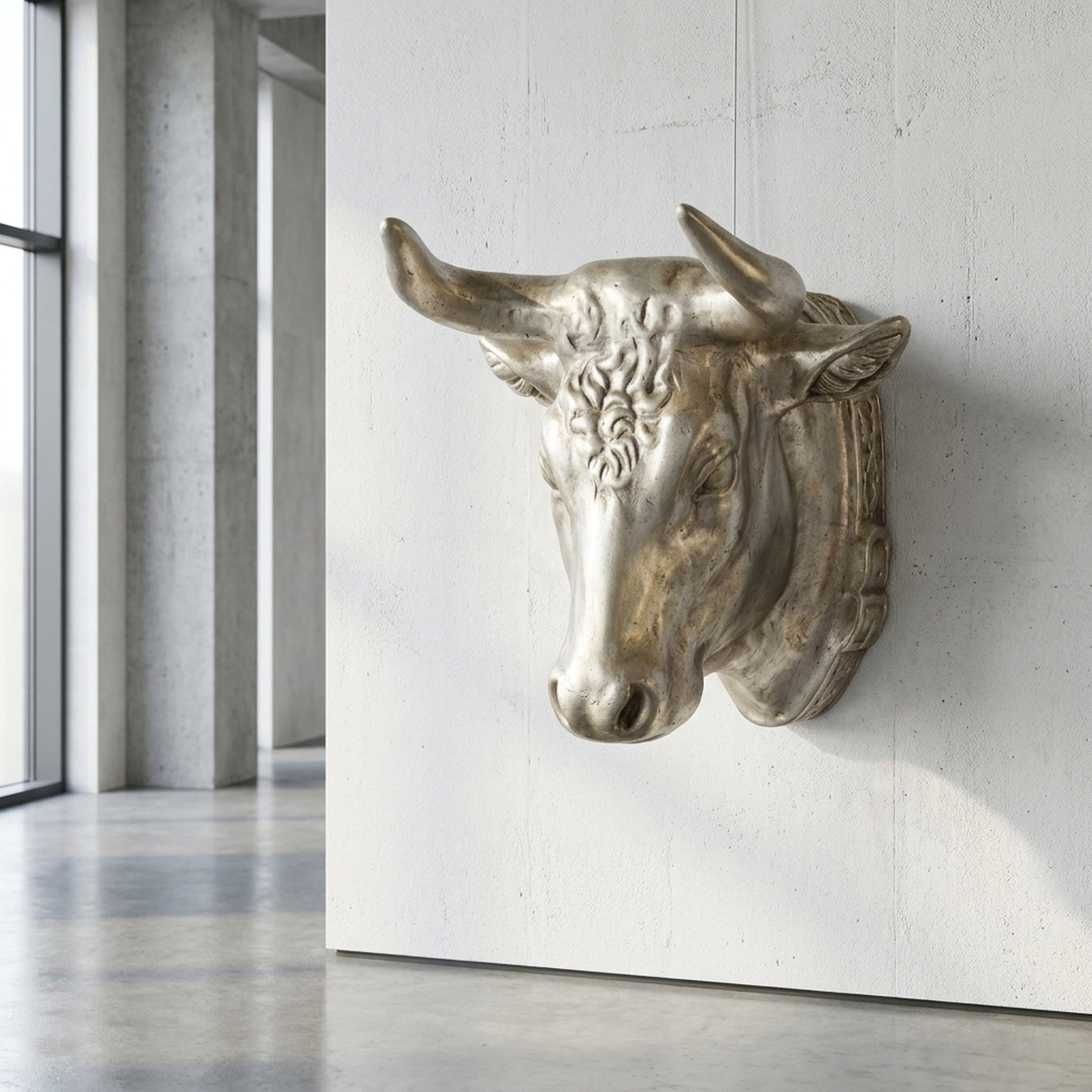 Classical Bull Head Bronze Relief by Giant Sculptures in satin gold, mounted on a white wall in a minimalist concrete interior with floor-to-ceiling windows.