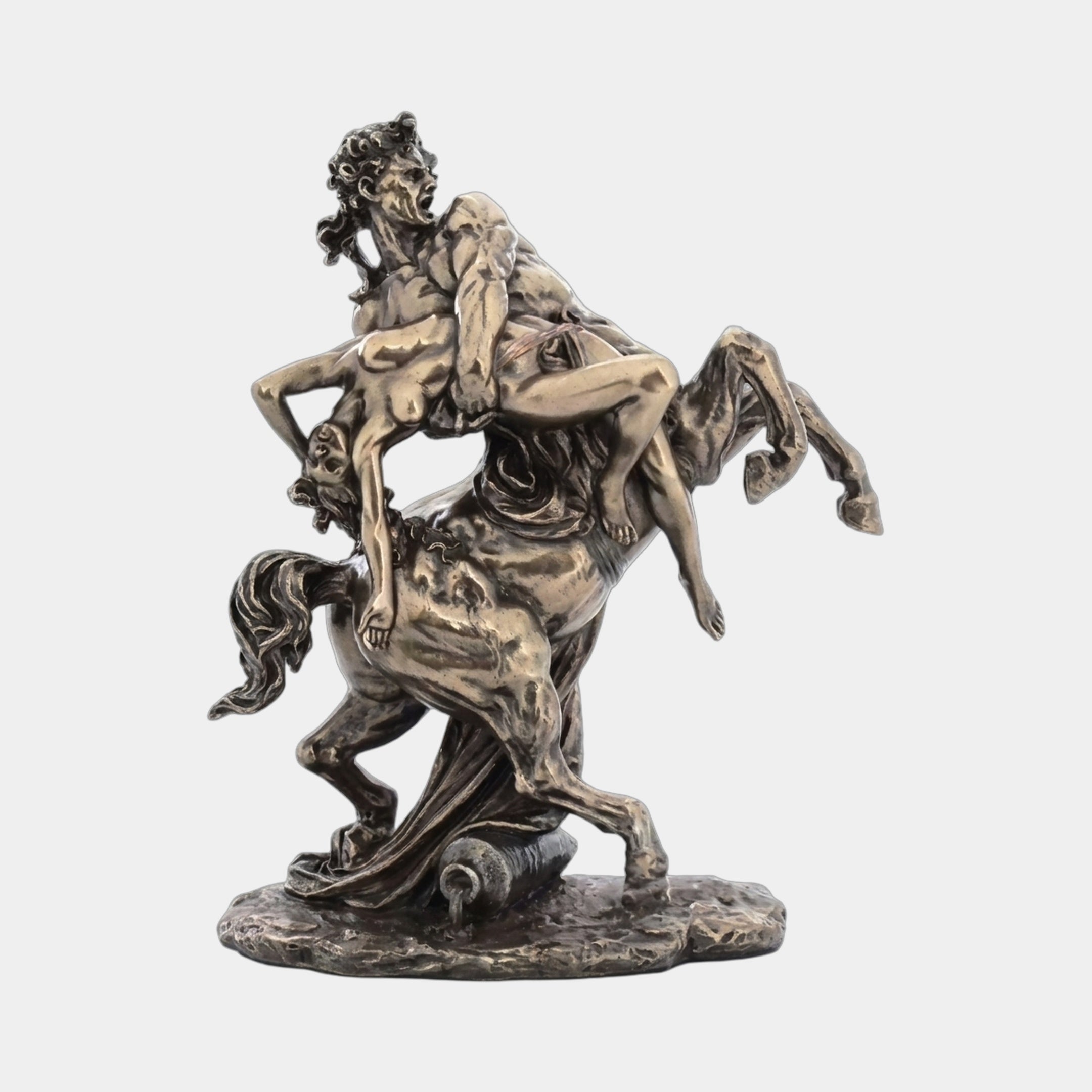 Classical Centaur and Nude Female Figure Bronze Sculpture by Giant Sculptures, showing a rearing centaur carrying a sprawling nude woman, on a rocky base.