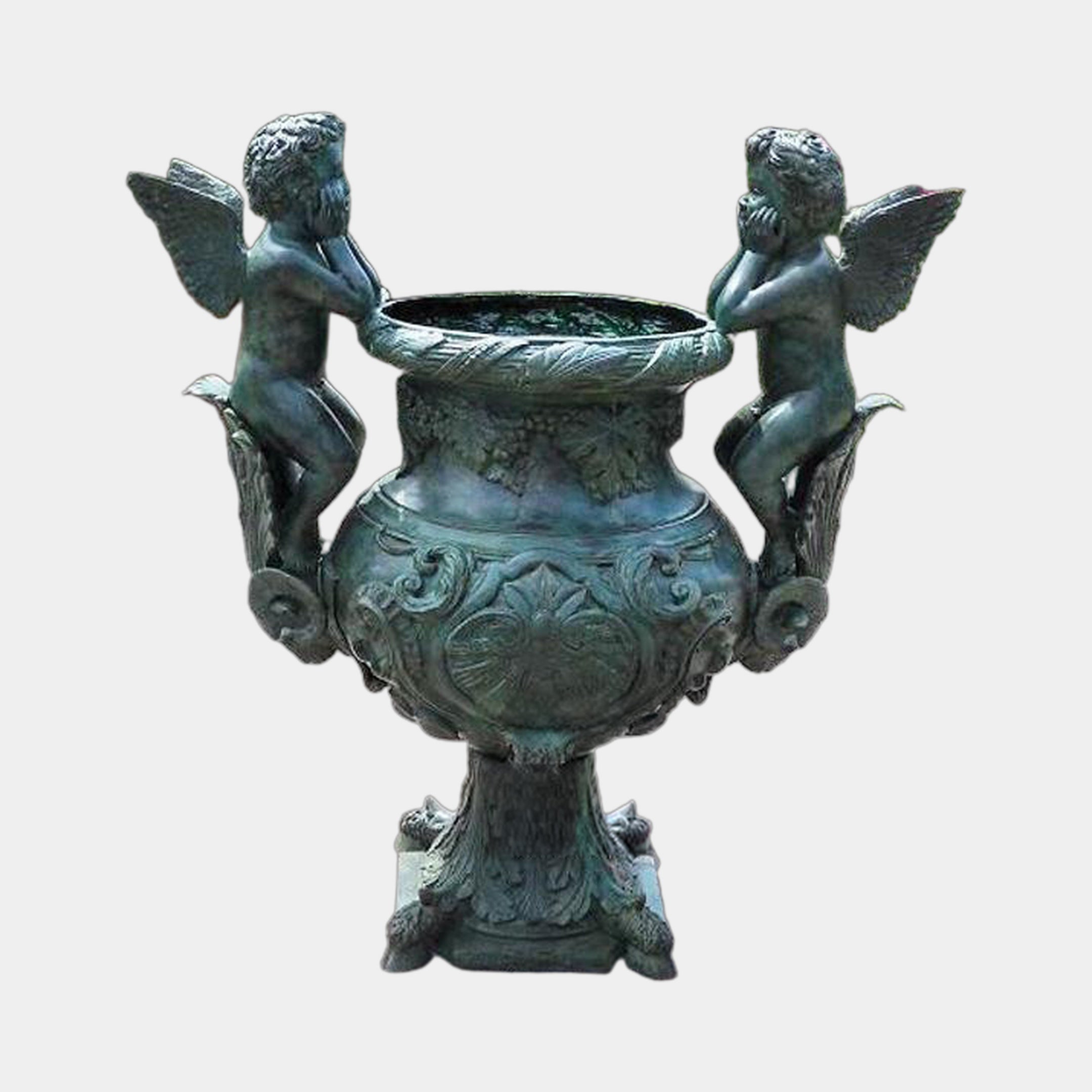 Giant Sculptures Classical Cherub and Urn Bronze Sculpture 120cm, two winged cherubs seated on an ornate verdigris urn with acanthus relief, on a plain background.