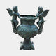 Giant Sculptures Classical Cherub and Urn Bronze Sculpture 120cm, two winged cherubs seated on an ornate verdigris urn with acanthus relief, on a plain background.