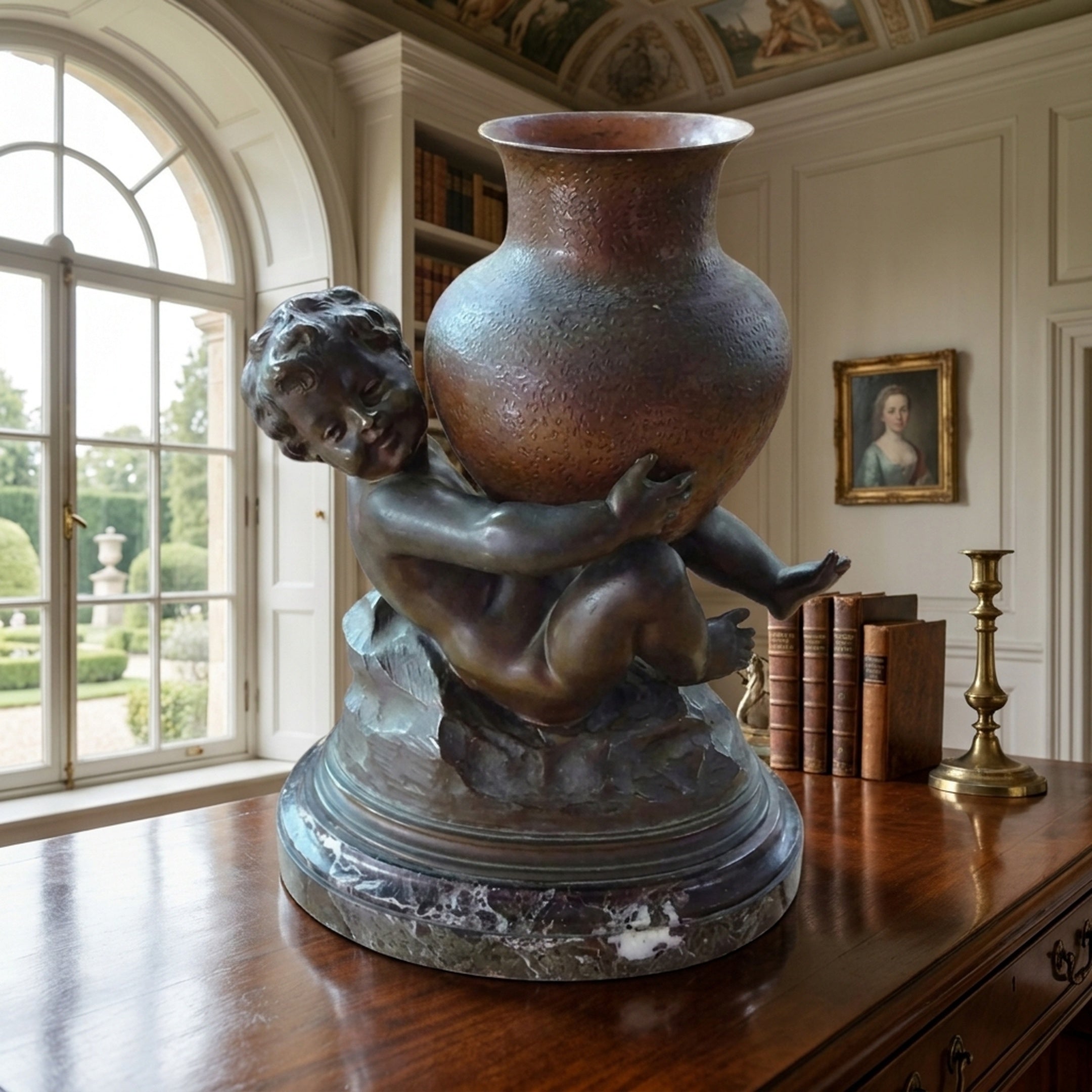 Classical Cherub Child and Urn Bronze Sculpture by Giant Sculptures on a marble base, displayed on a wooden console in a library with arched window.