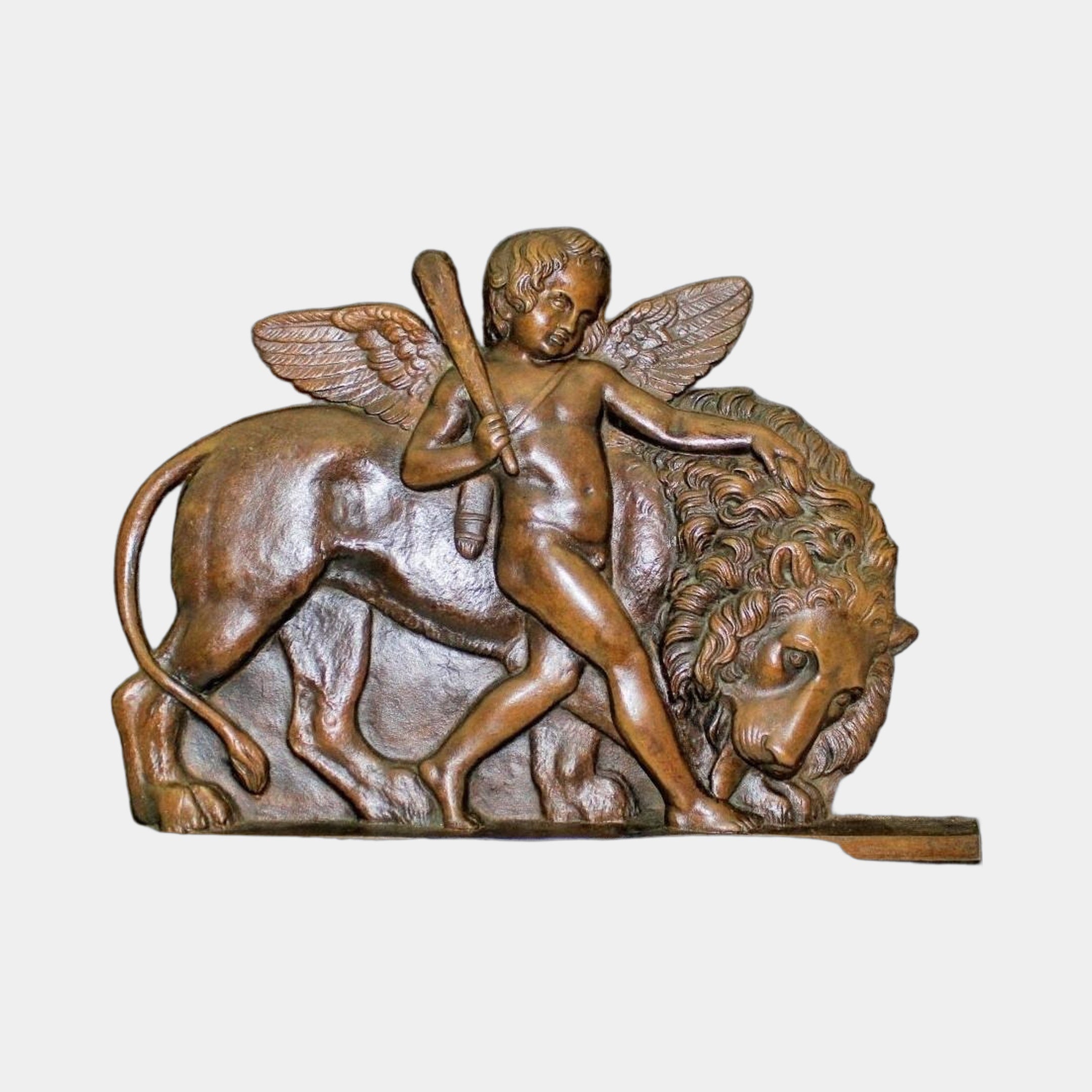 Classical Cherub Subduing a Lion Bronze Relief by Giant Sculptures, 70cm winged putto with raised club pressing on a prowling lion, warm brown patina.