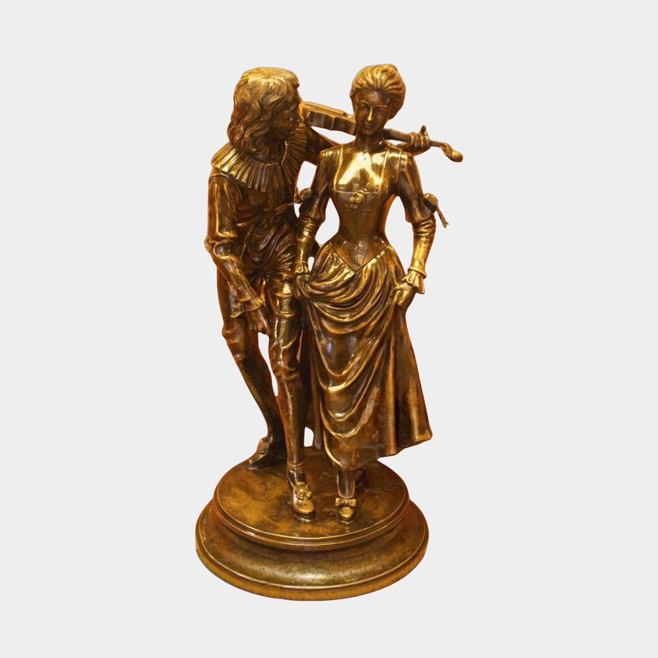 Classical Courting Couple Bronze Sculpture by Giant Sculptures, 100cm, showing a period-dressed woman with parasol and a man leaning behind her on a round base.