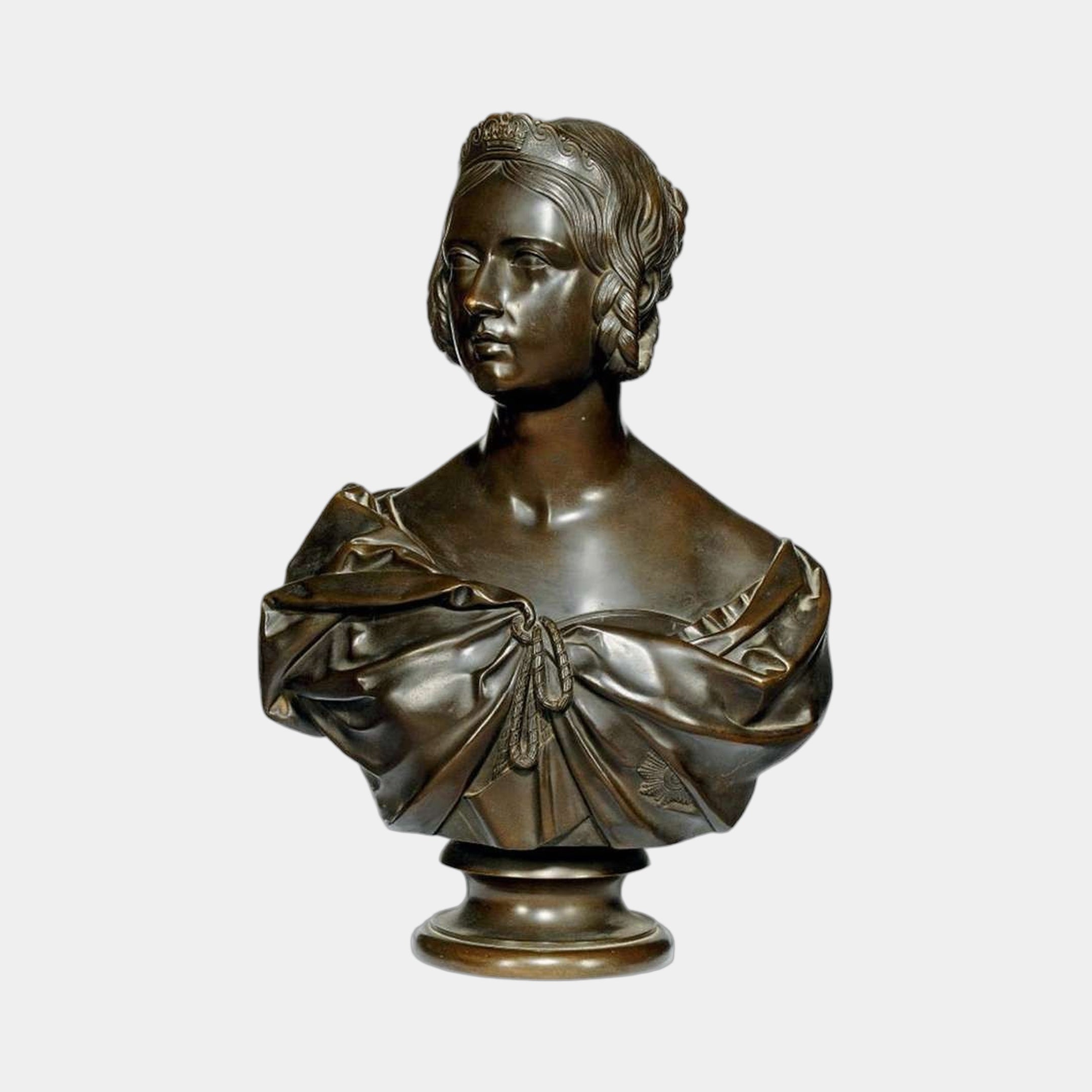 Classical Crowned Female Bust Bronze Bust 80cm by Giant Sculptures, dark patinated bronze with draped robe and small crown, on tiered socle base against plain background.